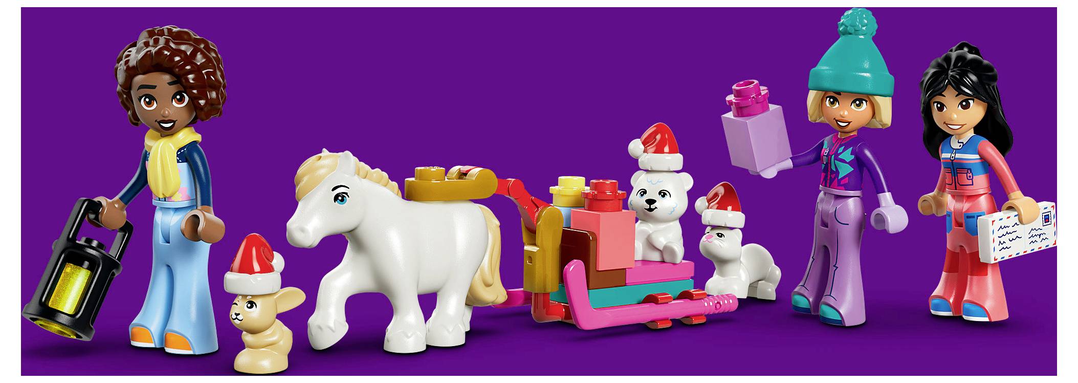Lego-ähnliche Winterszene mit Kindern, einem weißen Pferd, zwei Hunden in Weihnachtsmützen und Geschenken und Schlitten auf violettem Hintergrund.