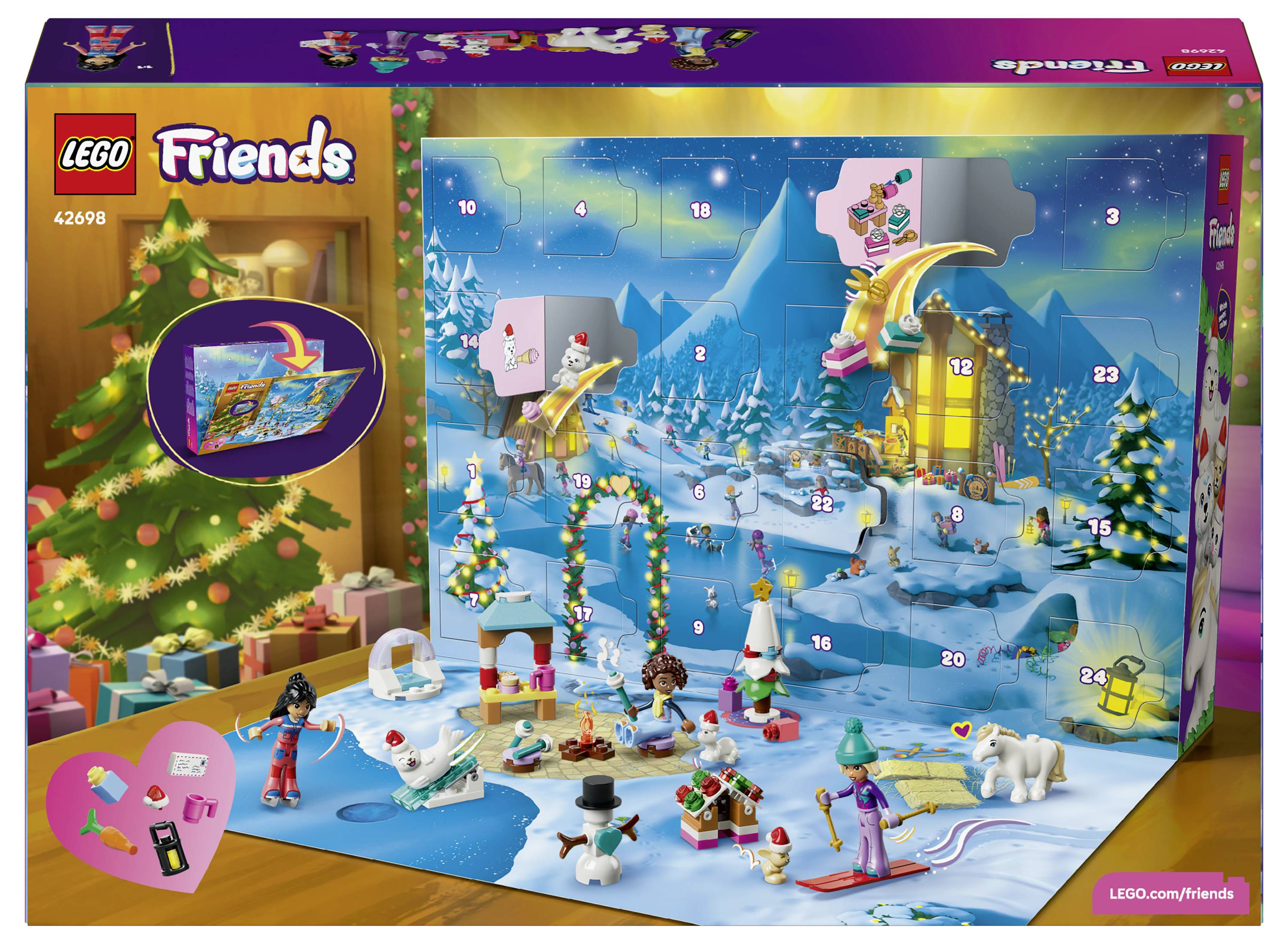 LEGO Friends Adventskalender-Schachtel mit einer verschneiten Winterszene, 24 nummerierten Türen und kleinen weihnachtsthematischen Minifiguren und Zubehör.