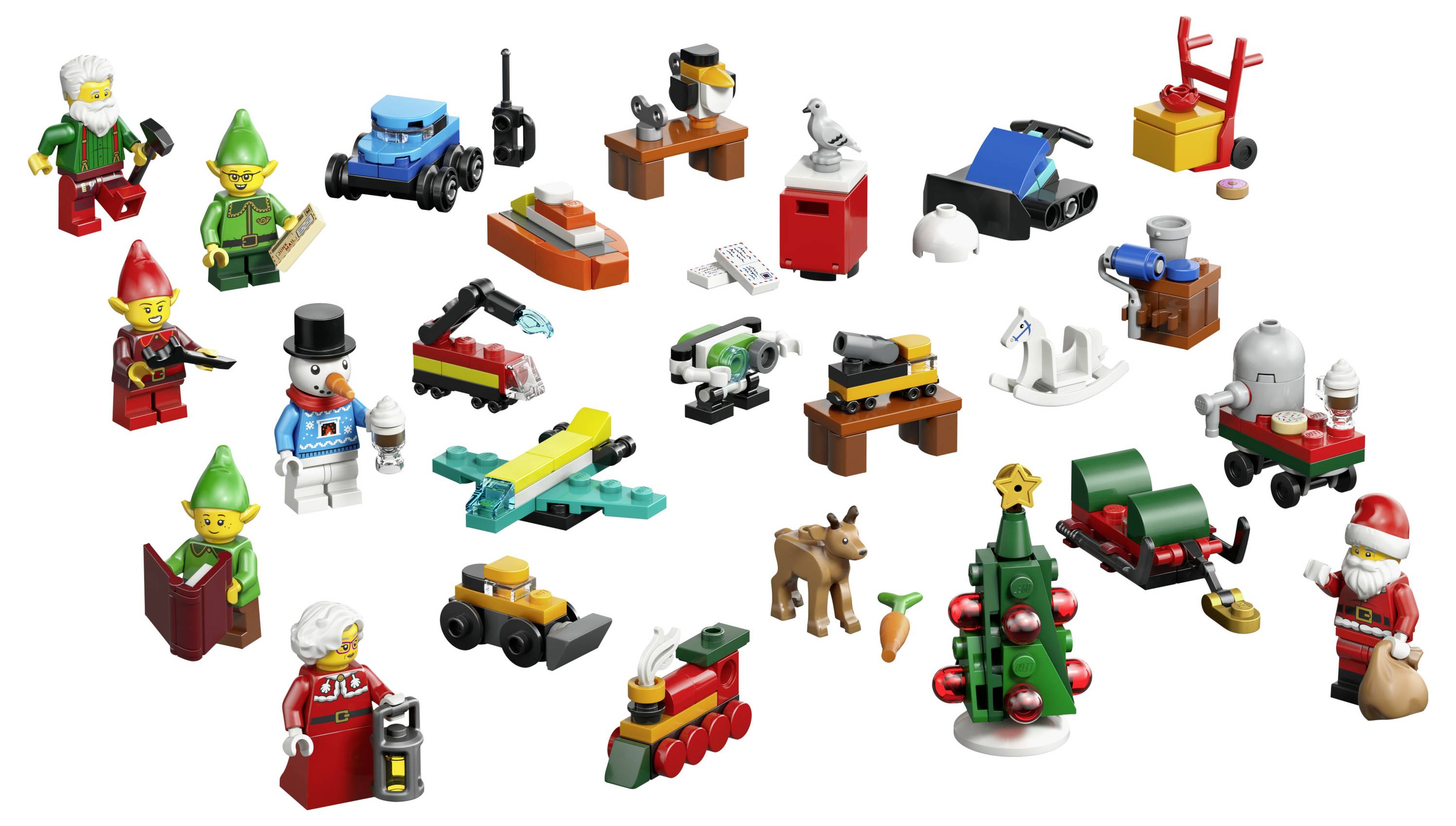 Verschiedene LEGO Winter- und Feiertagsmini-Sets und Minifiguren, einschließlich des Weihnachtsmanns, Elfen, Spielzeugen, Tieren und festlichen Fahrzeugen auf weißem Hintergrund.