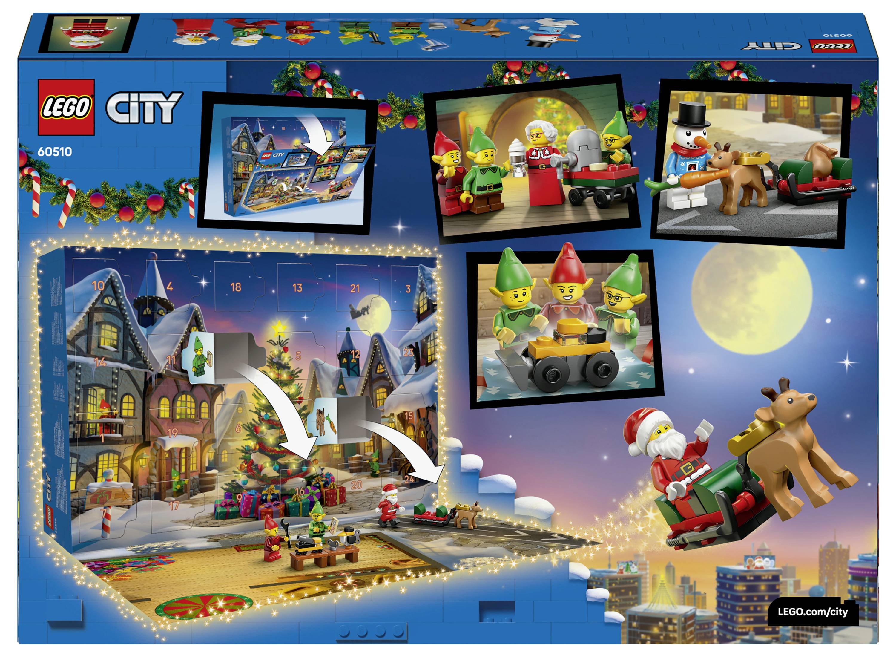 LEGO City Adventskalender-Verpackung mit 24 weihnachtsthematischen Minibauten und Minifiguren, mit verschneiten Dorfszenen und Weihnachtsmannschlitten mit Rentieren.