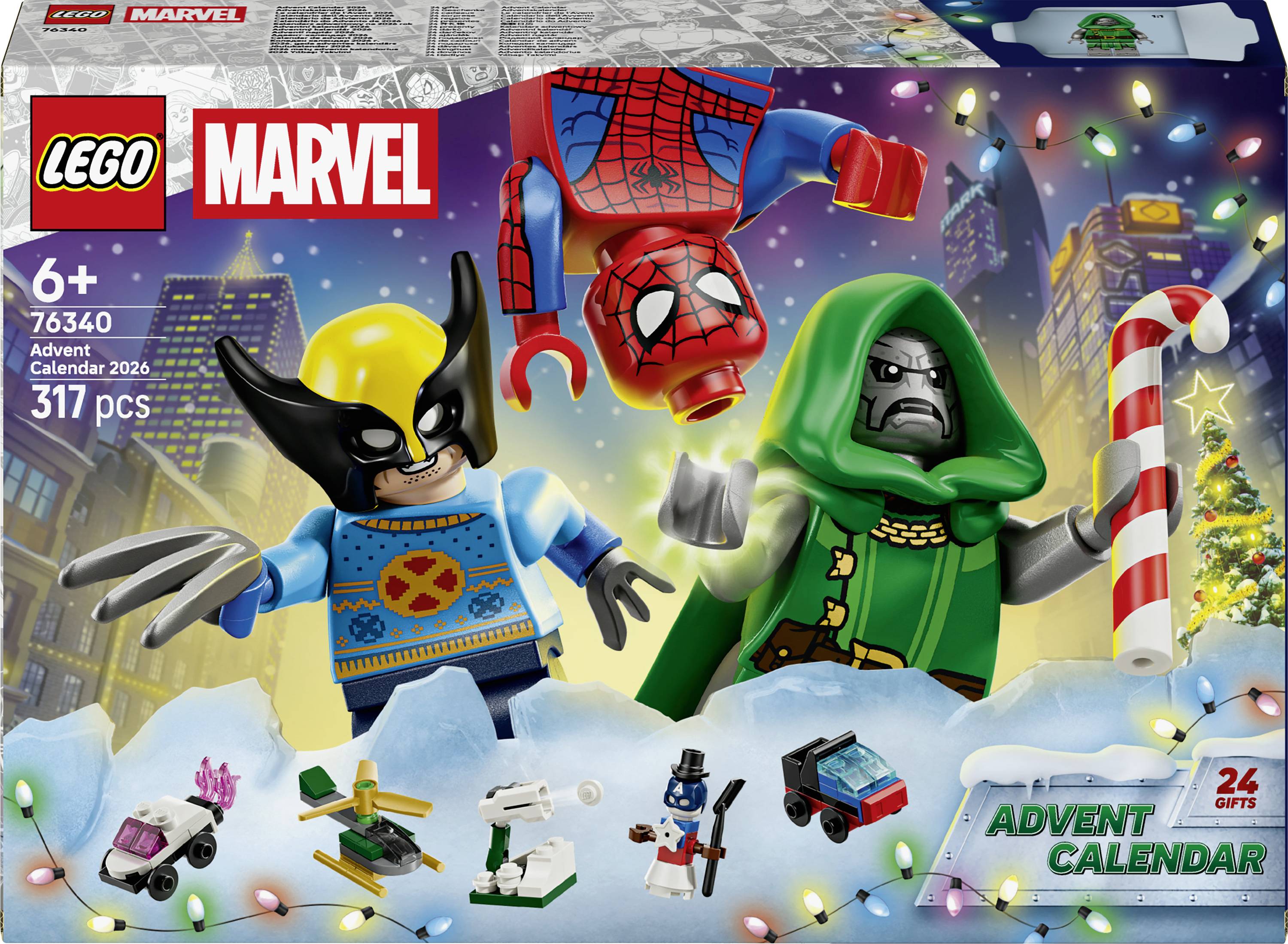 LEGO Marvel Adventskalender 2026 Schachteldesign zeigt Wolverine, Doctor Doom und Spider-Man inmitten verschneiter festlicher Szenen und 24er-Geschenk-Countdown.
