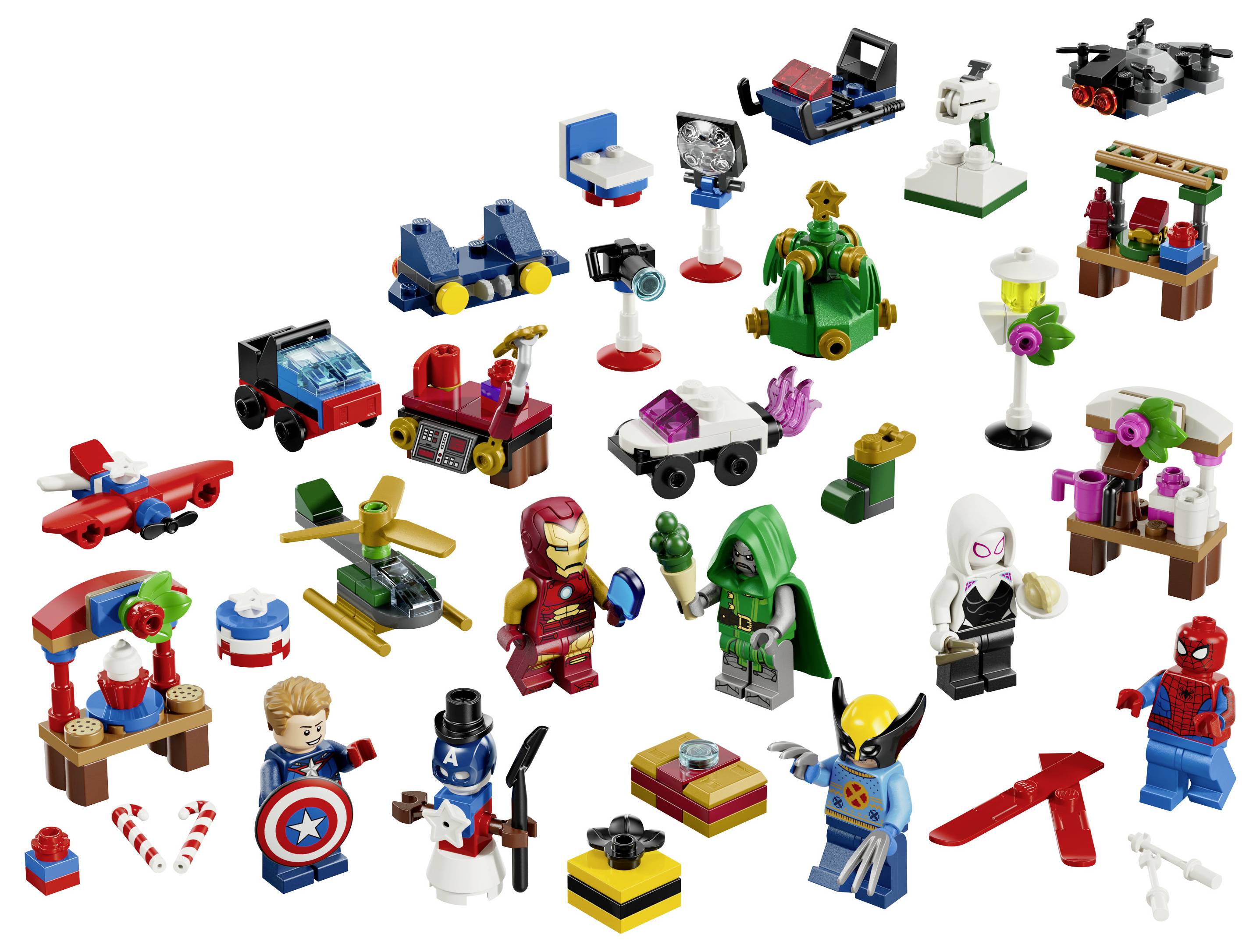 Sortiment von LEGO-ähnlichen Marvel-Minifiguren, Fahrzeugen und kleinen Konstruktionen, die auf weißem Hintergrund verstreut sind, einschließlich Spider-Man, Iron Man, Wolverine, Captain America und Doctor Strange.