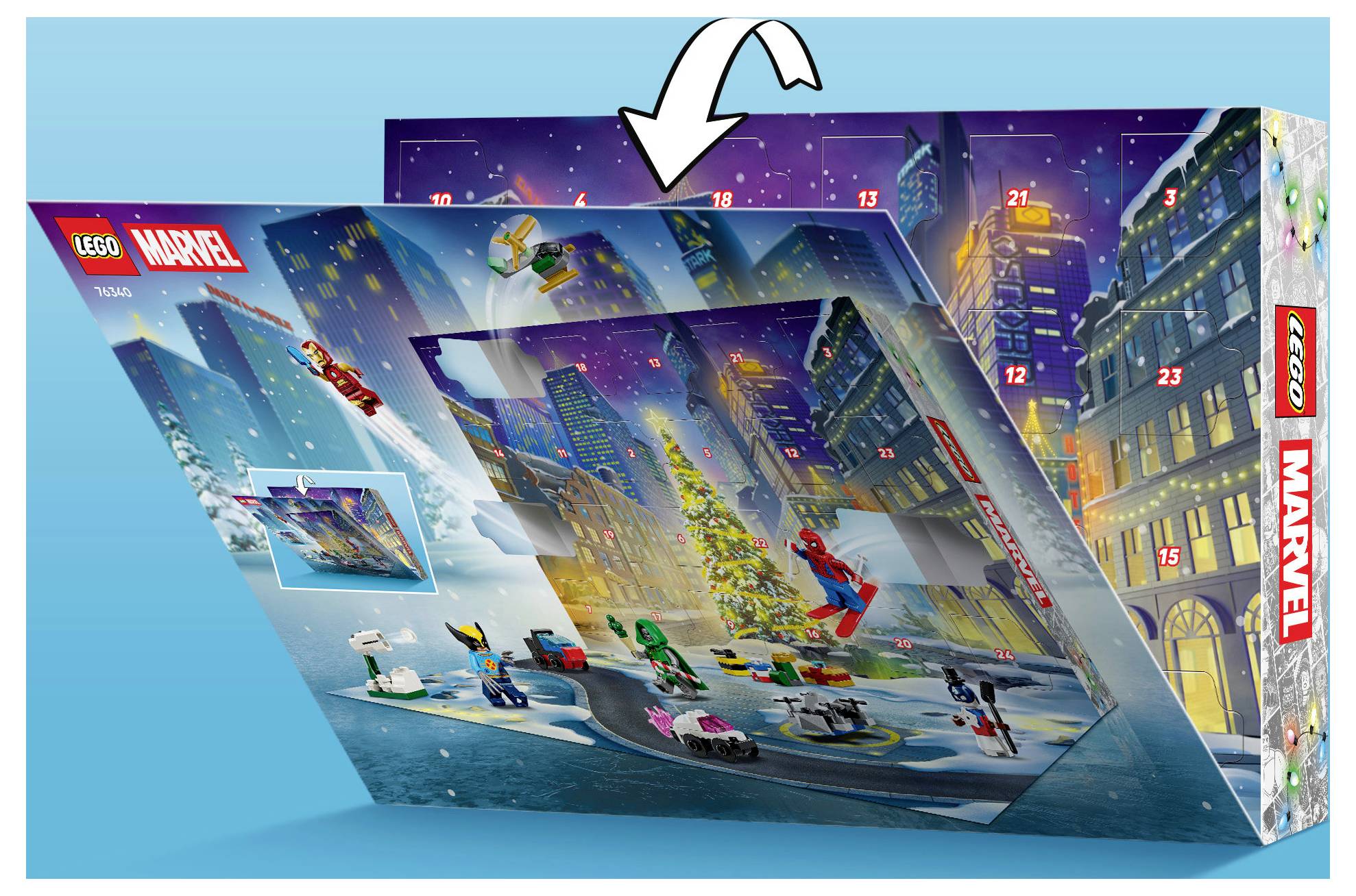 LEGO Marvel Adventskalender mit Schachtelkunstwerk mit verschneiter Stadtszene und nummerierten Türen, zeigt Superhelden und Weihnachtsgeschenke.
