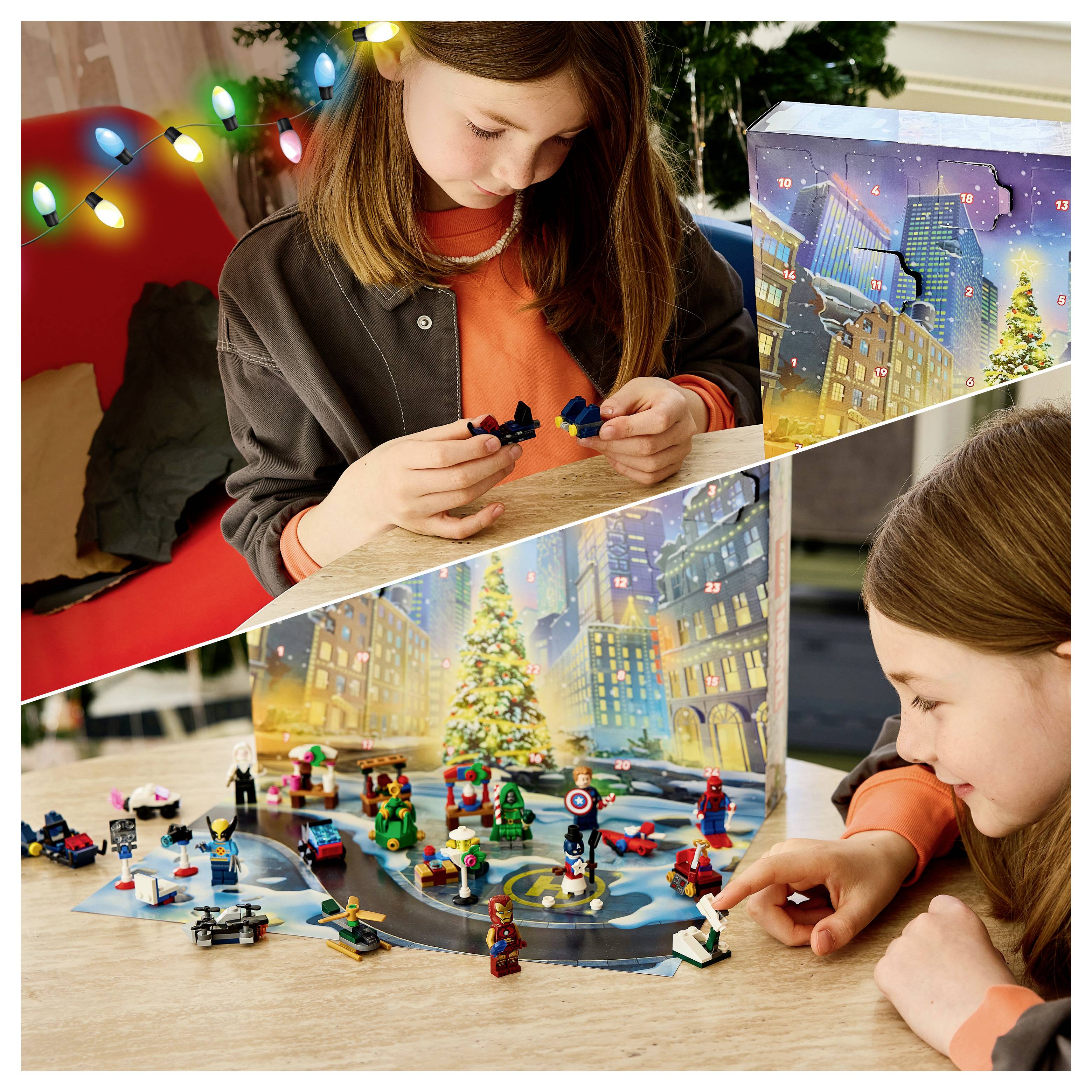 Mädchen, das LEGO-Minifiguren und ein Winterstadt-Spielset auf einem Tisch zusammenstellt und eine festliche Weihnachtsszene mit Weihnachtslichtern im Hintergrund schafft.