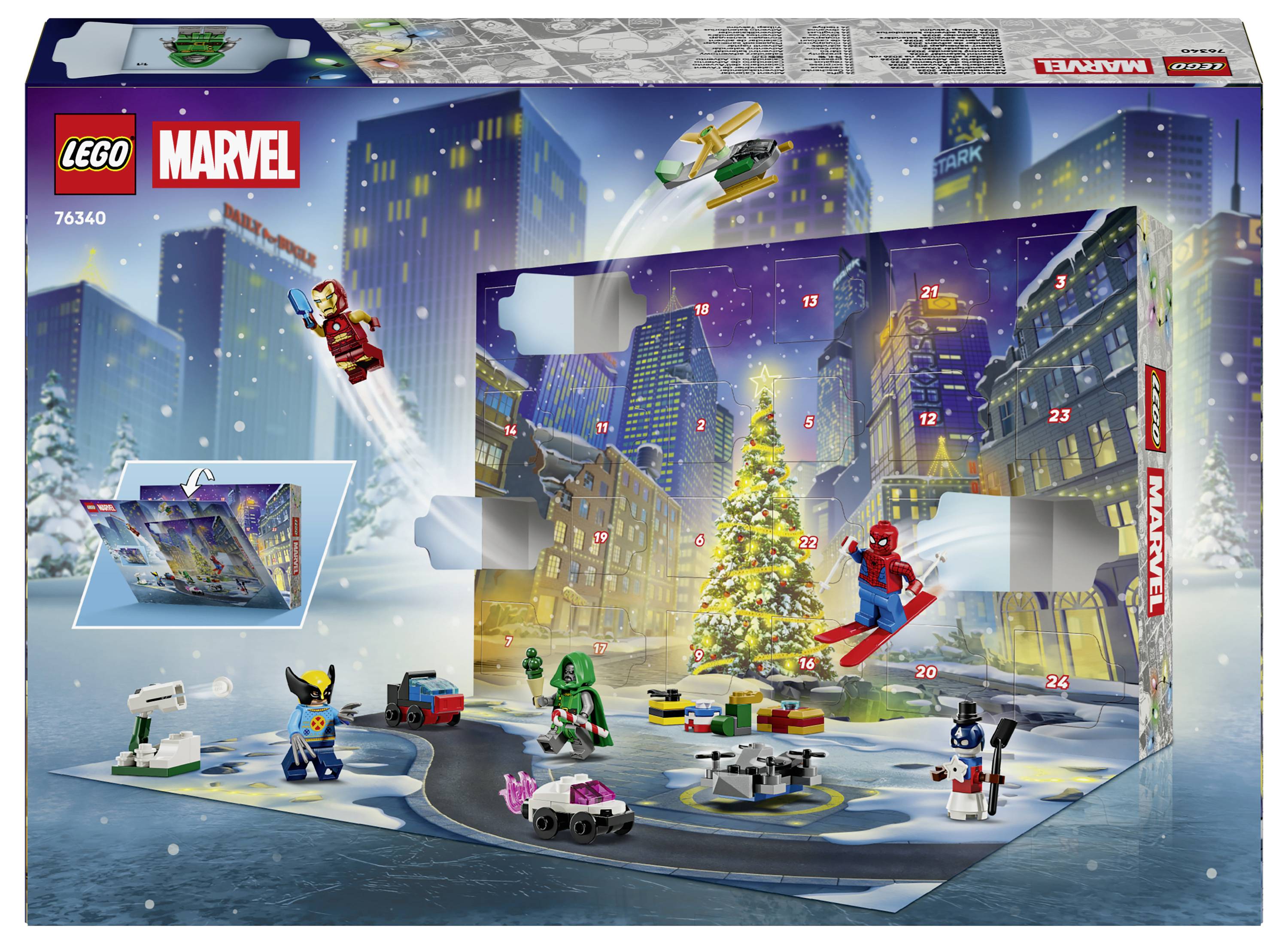 LEGO Marvel Avengers Adventskalender-Box mit verschneiter Stadtszene, nummerierten Türen, Weihnachtsbaum und Superhelden-Minifiguren