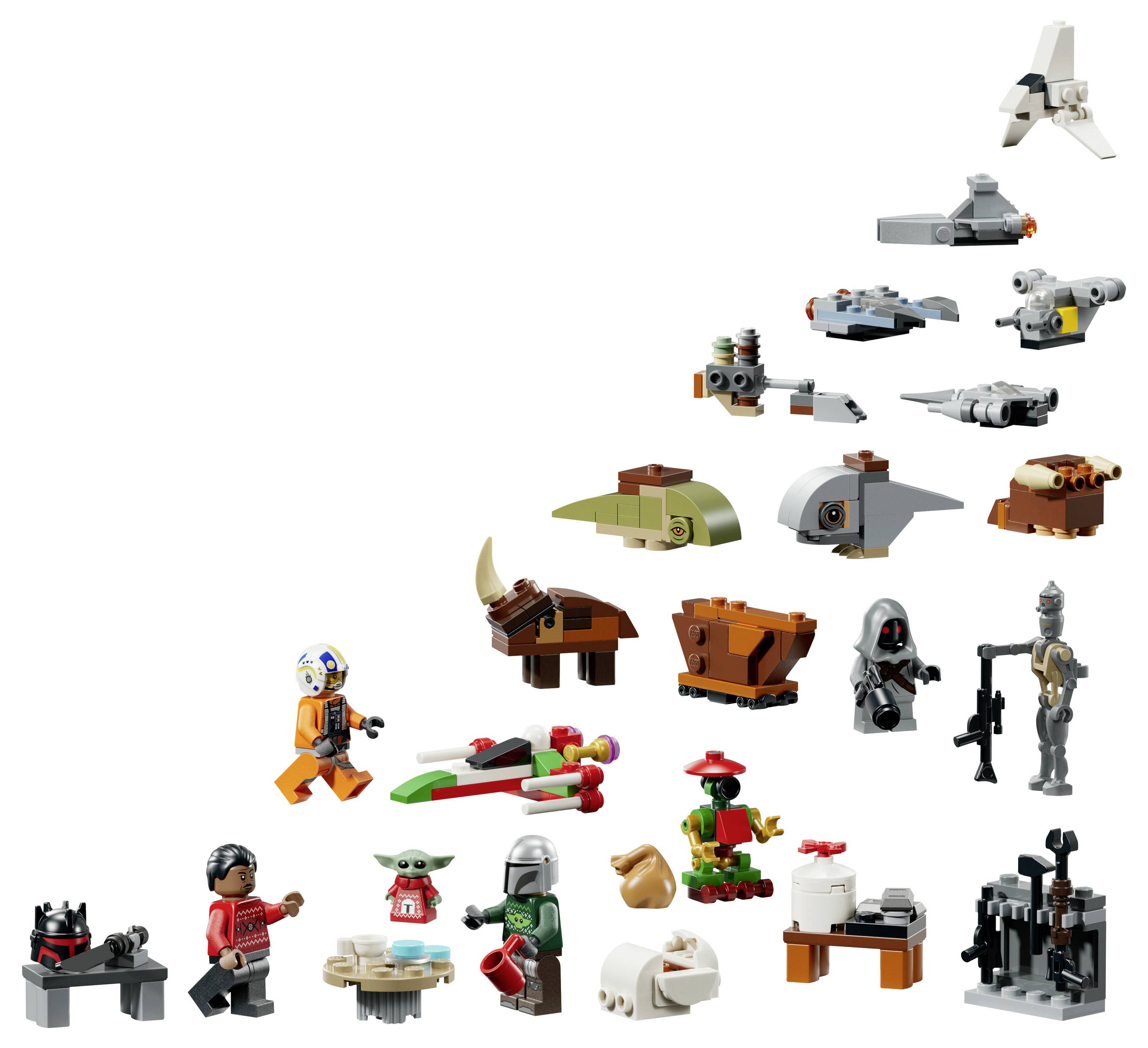 Eine LEGO Star Wars Aufstellung von Minifiguren, Droiden und kleinen Raumfahrzeugen auf weißem Hintergrund.