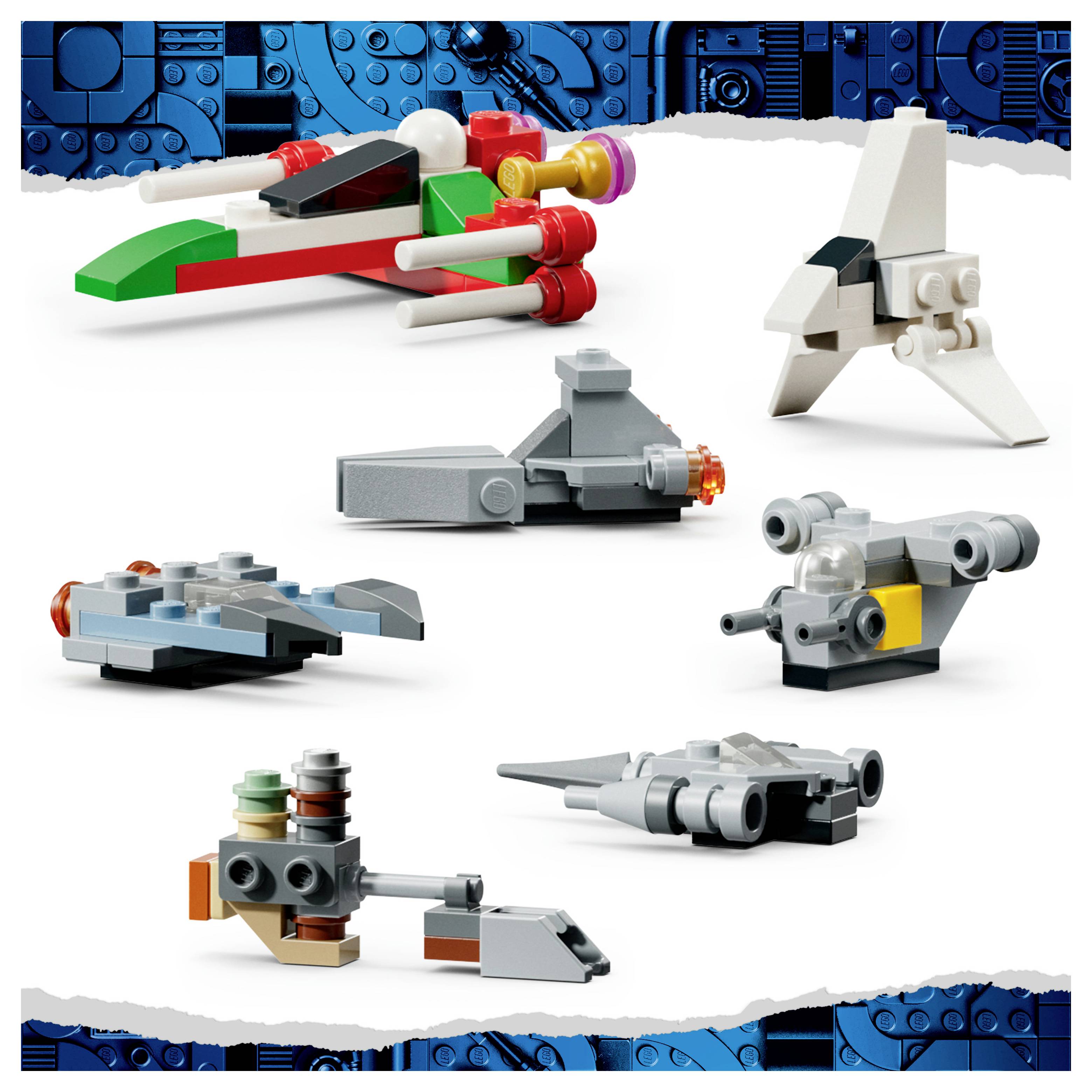Verschiedene kleine LEGO-ähnliche Raumschiff- und Fahrzeugmodelle auf weißem Hintergrund mit blauen Ziegelsteinrahmen.