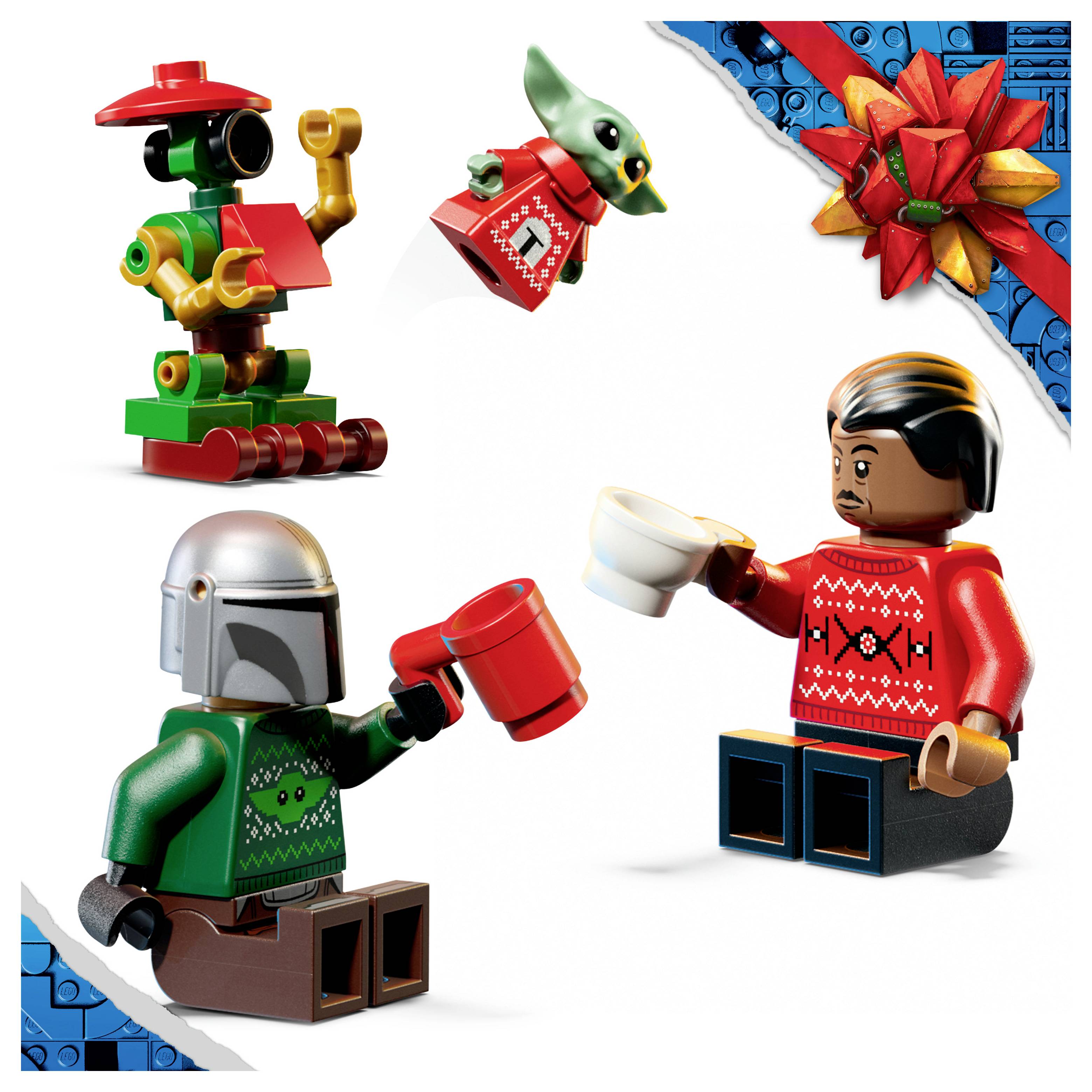 Festliche LEGO-Szene mit drei Minifiguren und einem kleinen Vogel, alle halten Tassen, plus ein verpacktes Geschenk in der Ecke.