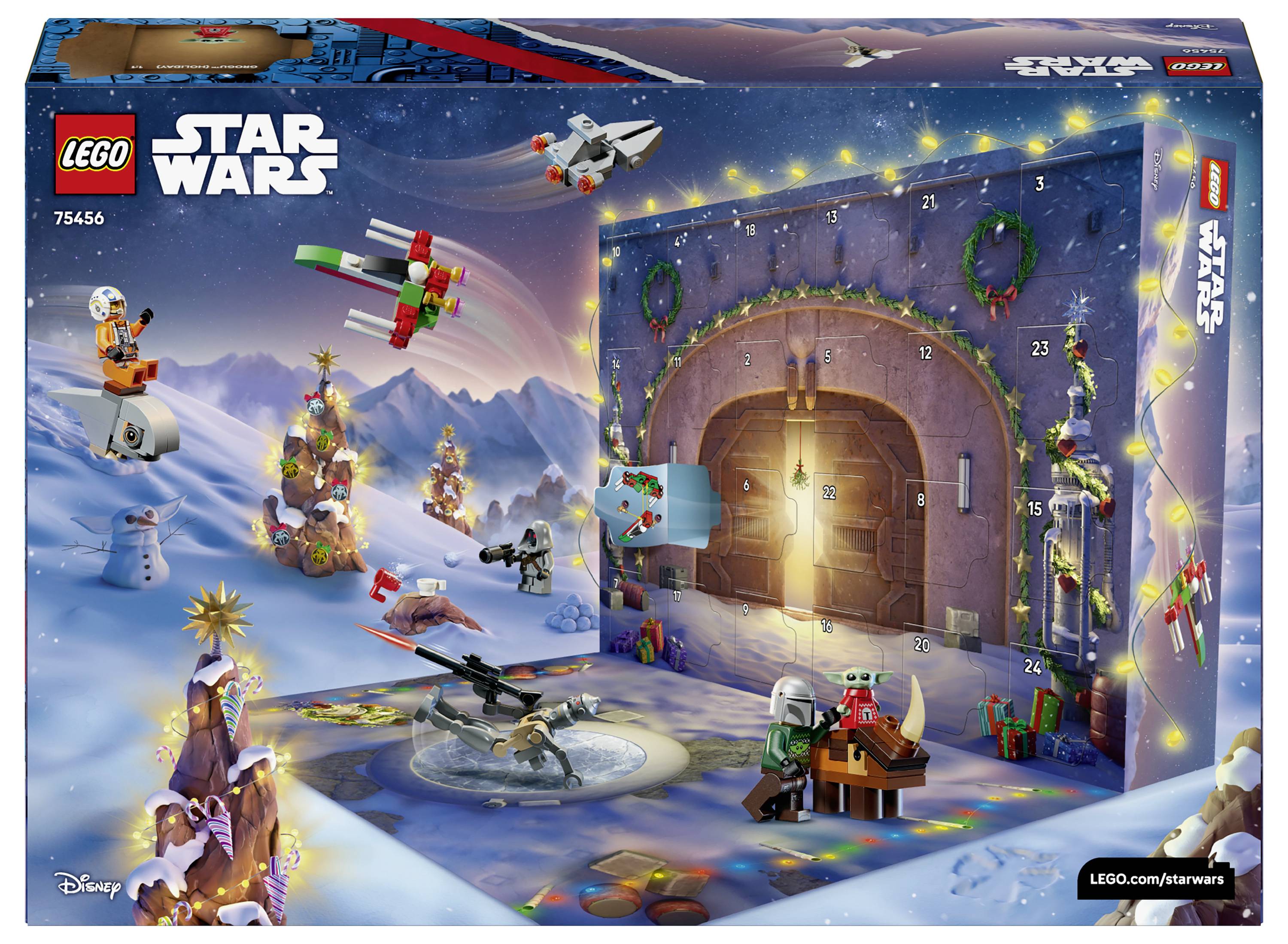 LEGO Star Wars Adventskalender-Box mit 24 weihnachtsthematischen Überraschungen zum Bauen, darunter Minifiguren, Fahrzeuge und schneebedeckte festliche Szenen.