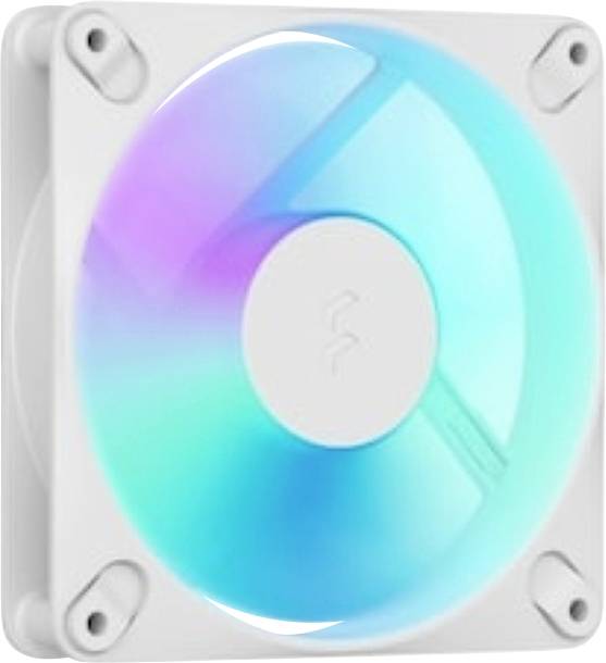 Quadratischer weißer RGB-Computerkühler mit leuchtendem blauem, cyan- und violettem Blattring und Befestigungsschrauben