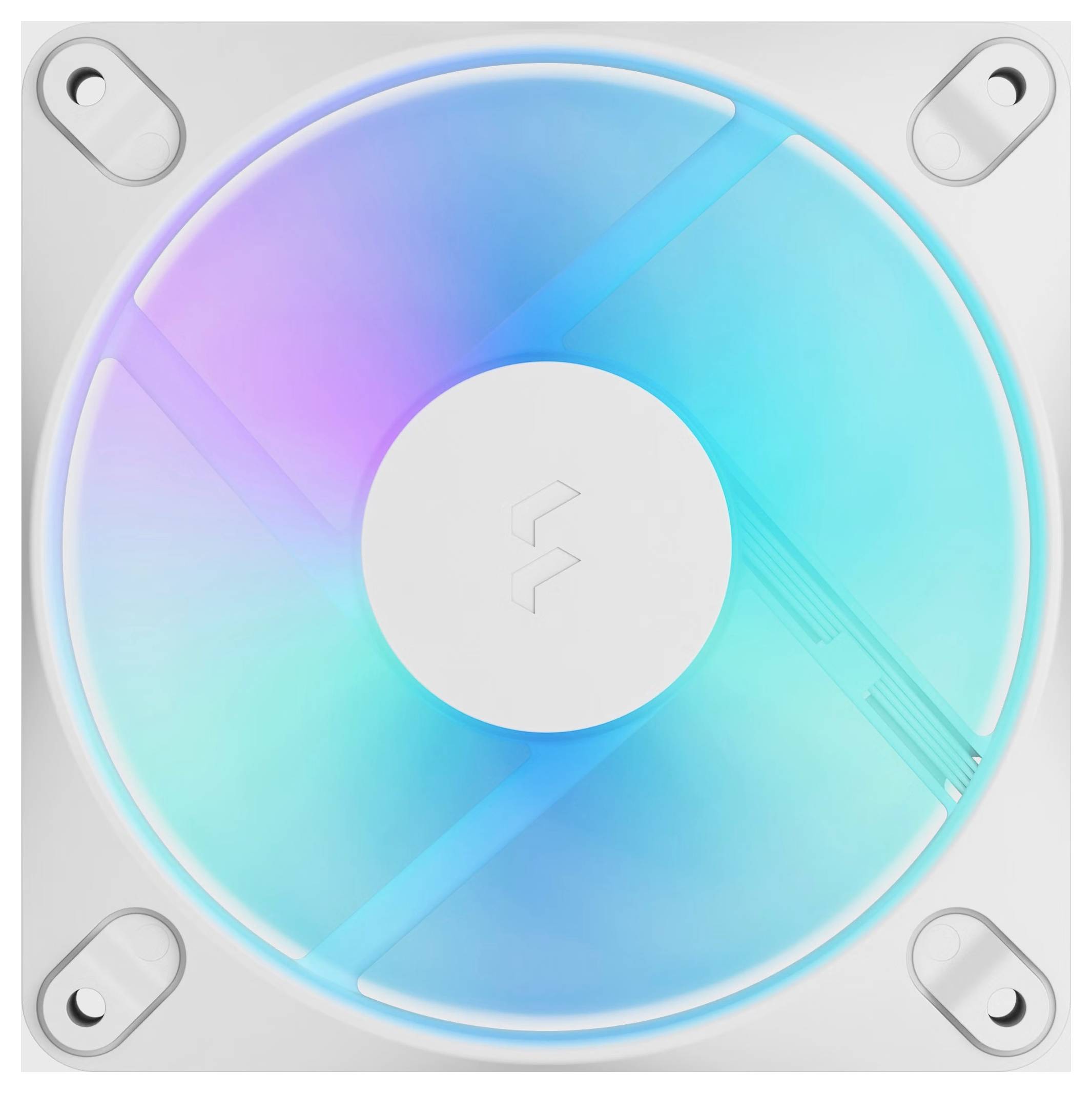 Eine durchscheinende blau und lila CD/DVD in einem quadratischen silbernen Gehäuse mit vier Eckclips.