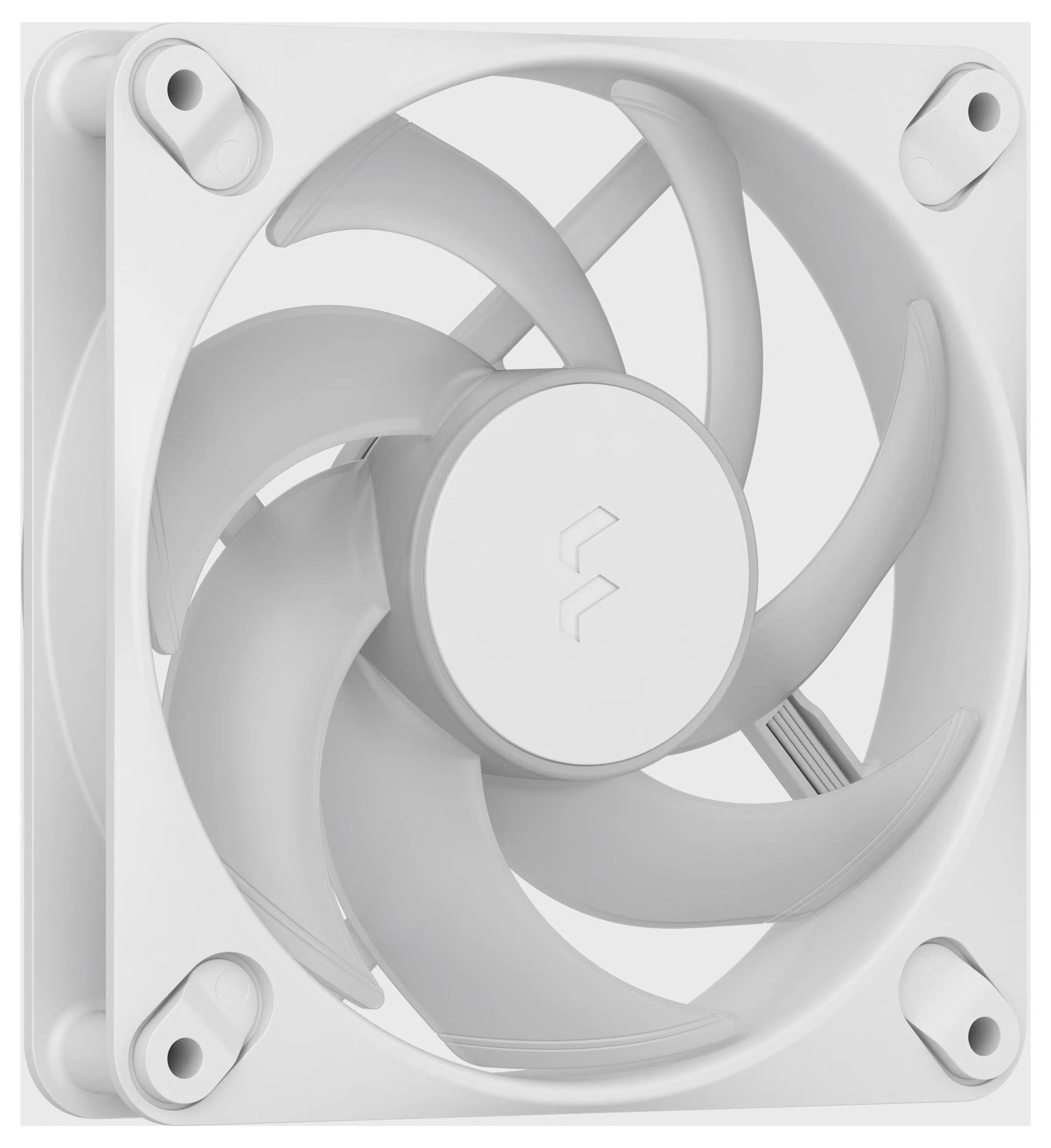 Weißer Computer-Kühlventilator mit fünf Blättern, montiert in einem quadratischen Rahmen, Vorderansicht.