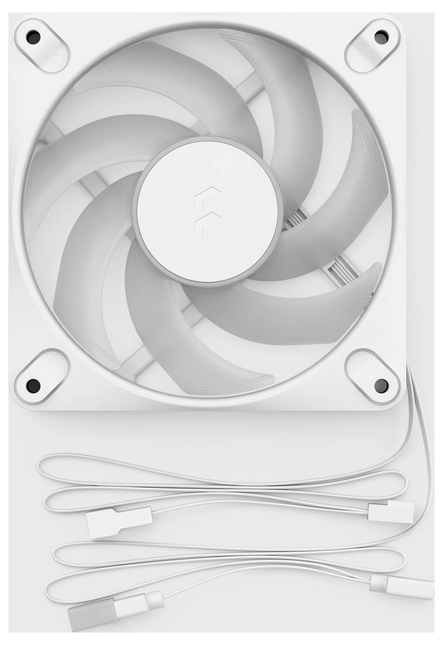 Weißer Computer-Kühlventilator mit angebrachtem Kabel und Steckern, frontal auf neutralem Hintergrund dargestellt.