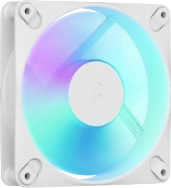Weißer quadratischer Computer-Kühlventilator mit durchscheinenden regenbogenfarbigen RGB-Blättern und Eckbefestigungsschrauben.