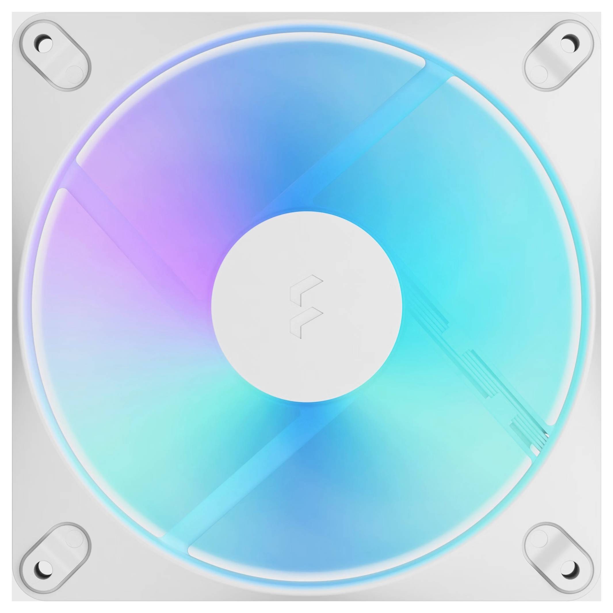 Eine glänzende, schillernde CD oder DVD in einem klaren quadratischen Gehäuse mit vier Schrauben in den Ecken, von oben betrachtet.