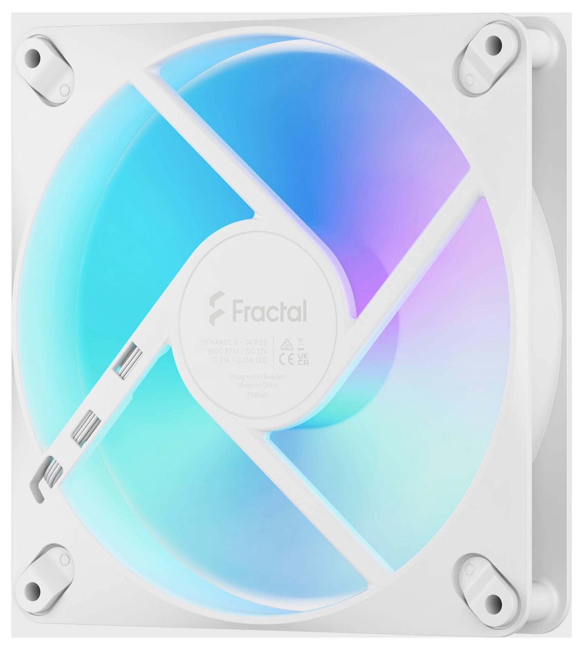 Quadratischer weißer RGB-Computerfallüfter mit durchscheinenden blauviolett beleuchteten Schaufeln und "Fractal"-Logo in der Mitte.