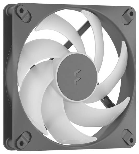Nahaufnahme eines weißen Computer-Kühlventilators in einem grauen quadratischen Rahmen, von vorne betrachtet.