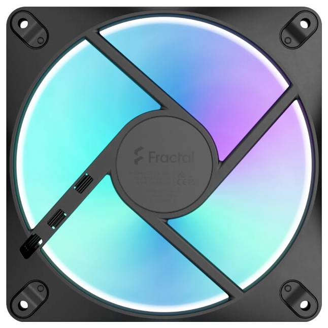RGB-Gehäuselüfter mit vier Montagewinkeln und zentralem Fractal-Logo, das in Blau, Cyan und Violett um schwarze Stützbalken leuchtet.