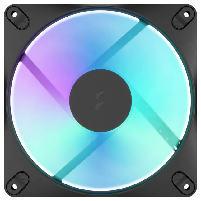 Draufsicht auf einen schwarzen PC-Kühlerlüfter mit Regenbogen-RGB-Beleuchtung und vier Eckbefestigungslöchern.