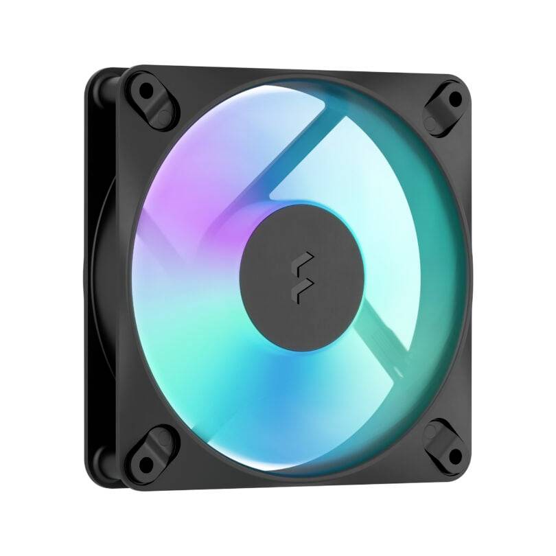 Schwarzer Computer-Kühlüfter mit leuchtender RGB-beleuchteter Schaufel und quadratischem Rahmen, auf weißem Hintergrund dargestellt.