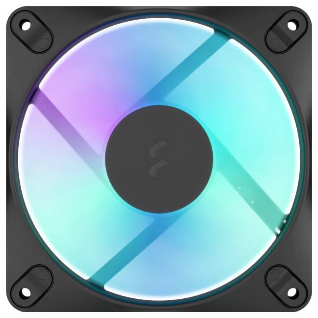 RGB-Computerlüfter mit kreisförmig beleuchtelem Laufrad und schwarzem quadratischem Rahmen, Frontansicht