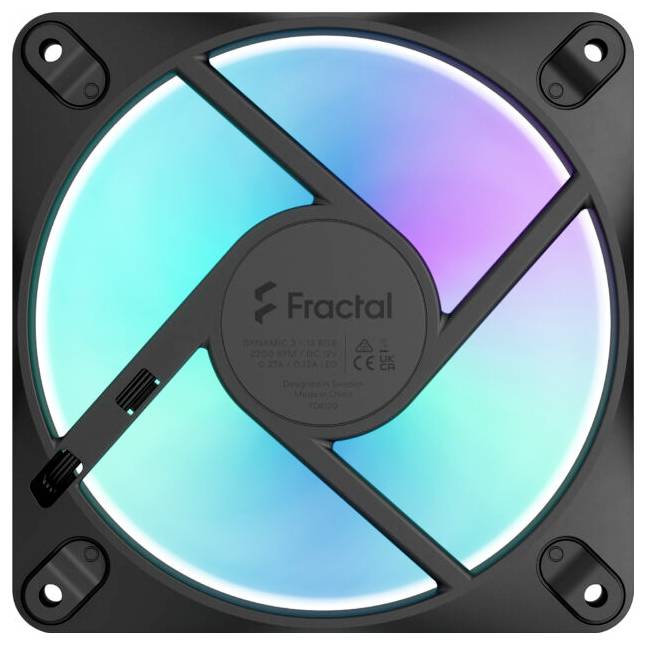 Fraktales PC-Gehäuse-Lüfter mit RGB-beleuchteten Blättern und schwarzem Rahmen, von vorne gezeigt.