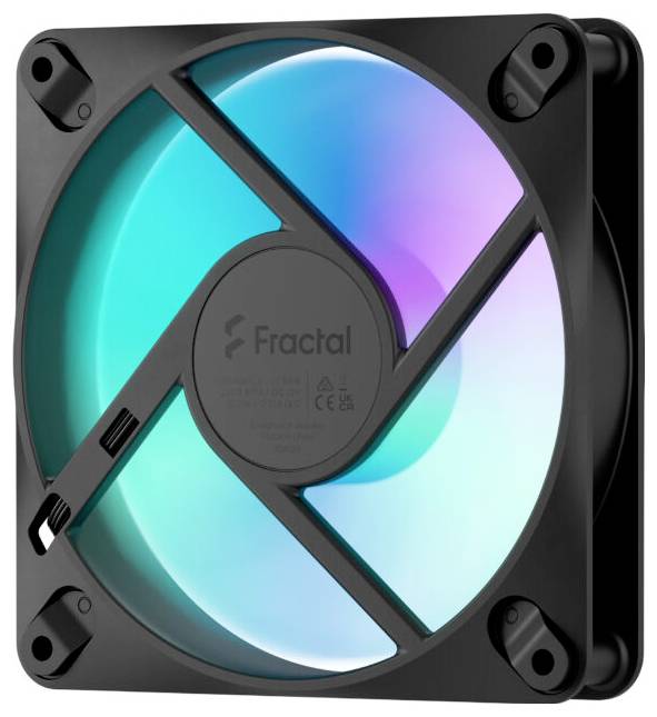 Schwarzes Fractal-PC-Gehäuselüfter mit Cyan-, Blau- und violetter LED-Beleuchtung und vier Eckbefestigungen.