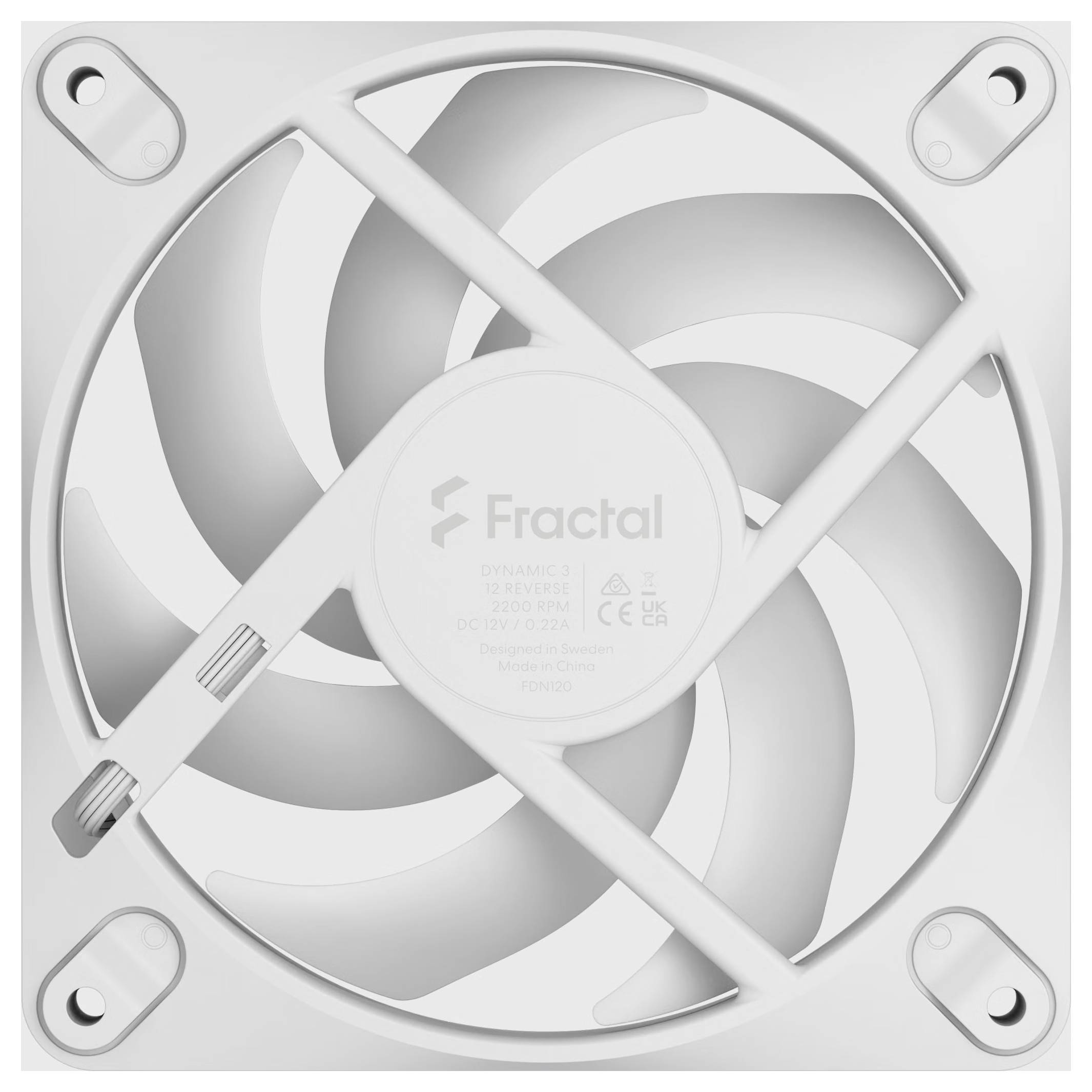Weißer Fractal-Computerkühler mit vier Befestigungsecken und schützenden Querstreben, von vorne gezeigt.