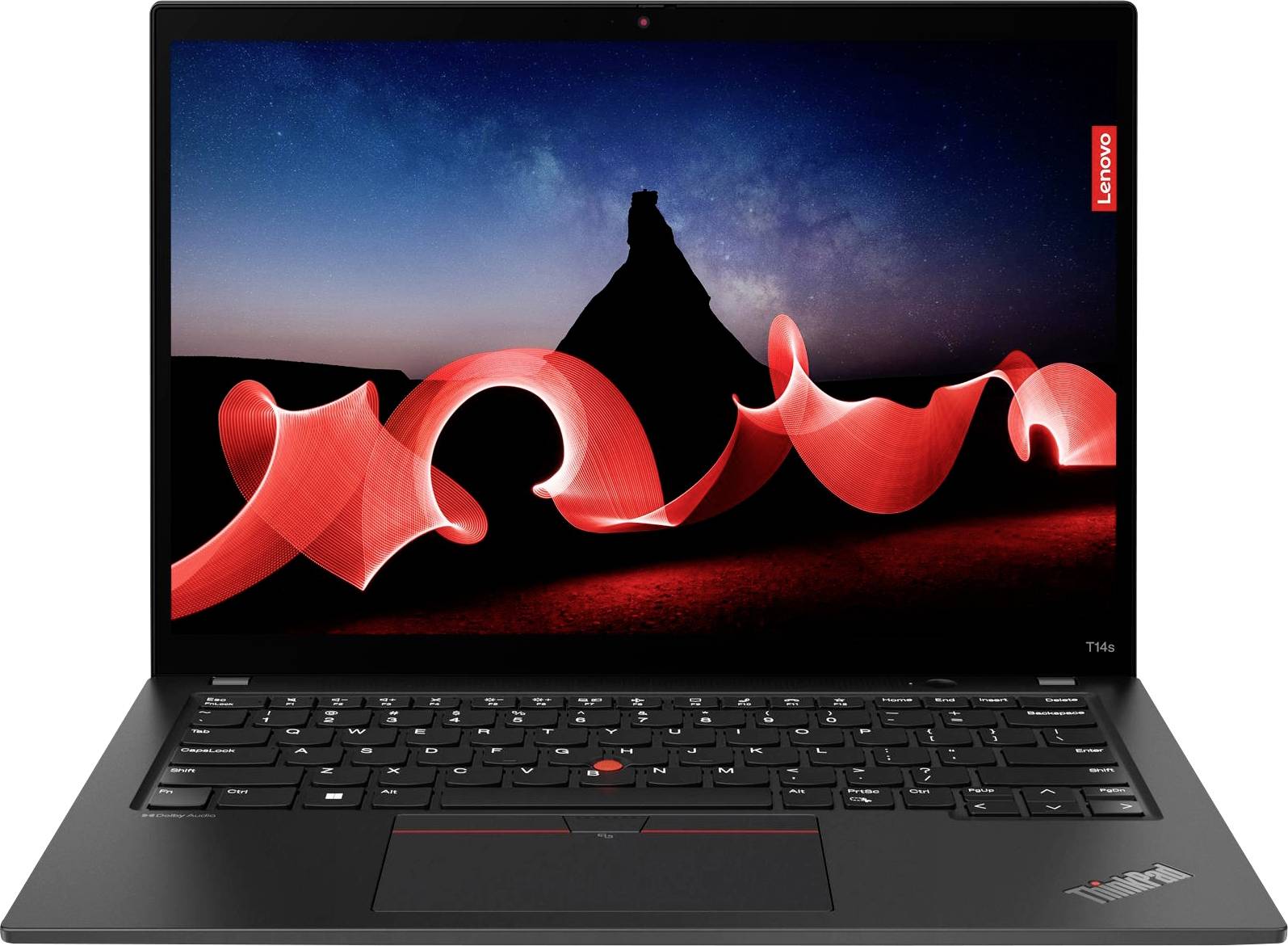 Ein Lenovo ThinkPad Laptop mit einem Bildschirm, der eine rote Lichtspur über einer dunklen Landschaft in der Nacht zeigt.
