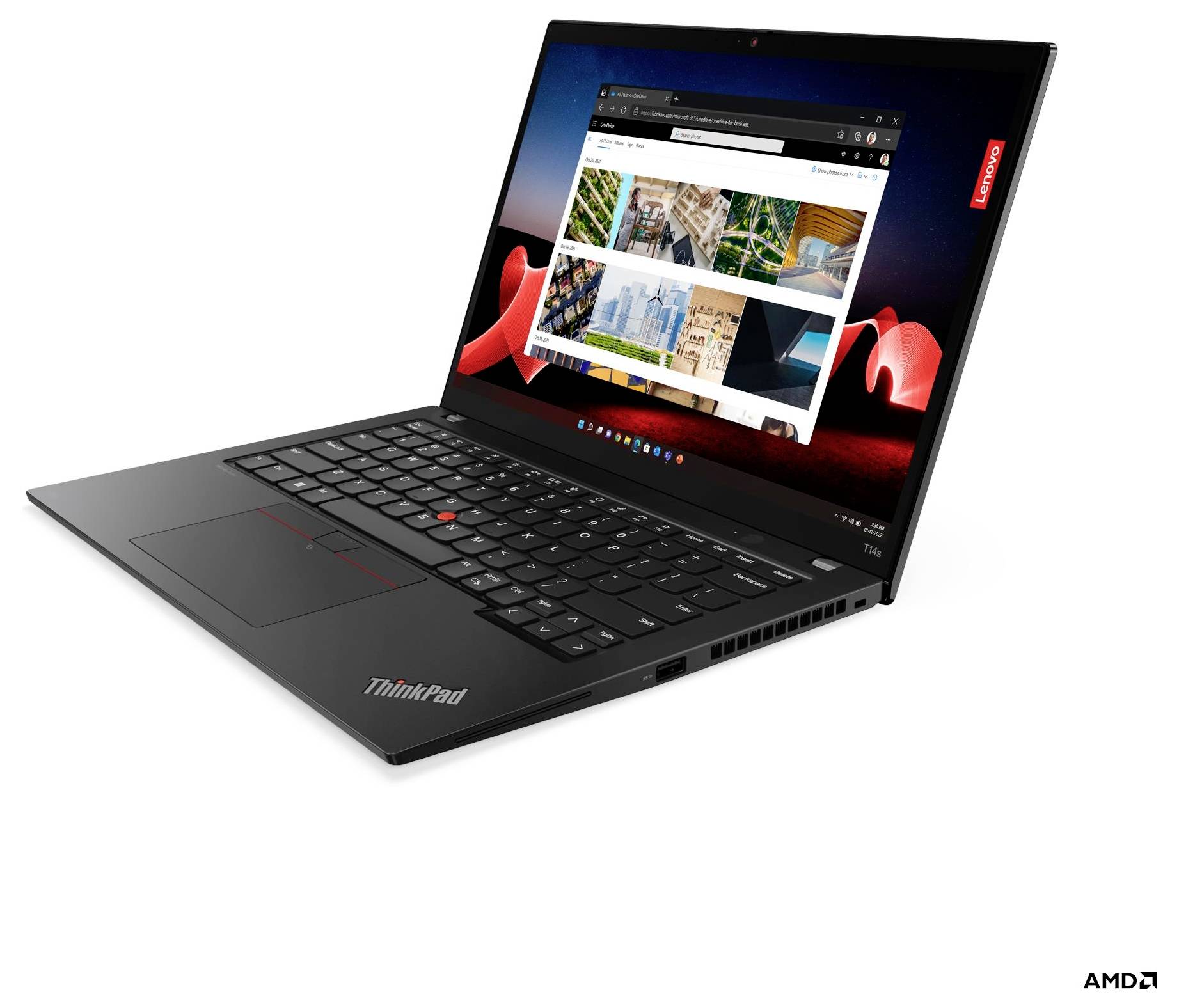 Schwarzer Lenovo ThinkPad-Laptop, schräg geöffnet, zeigt eine Webseite auf dem Bildschirm und AMD-Branding.