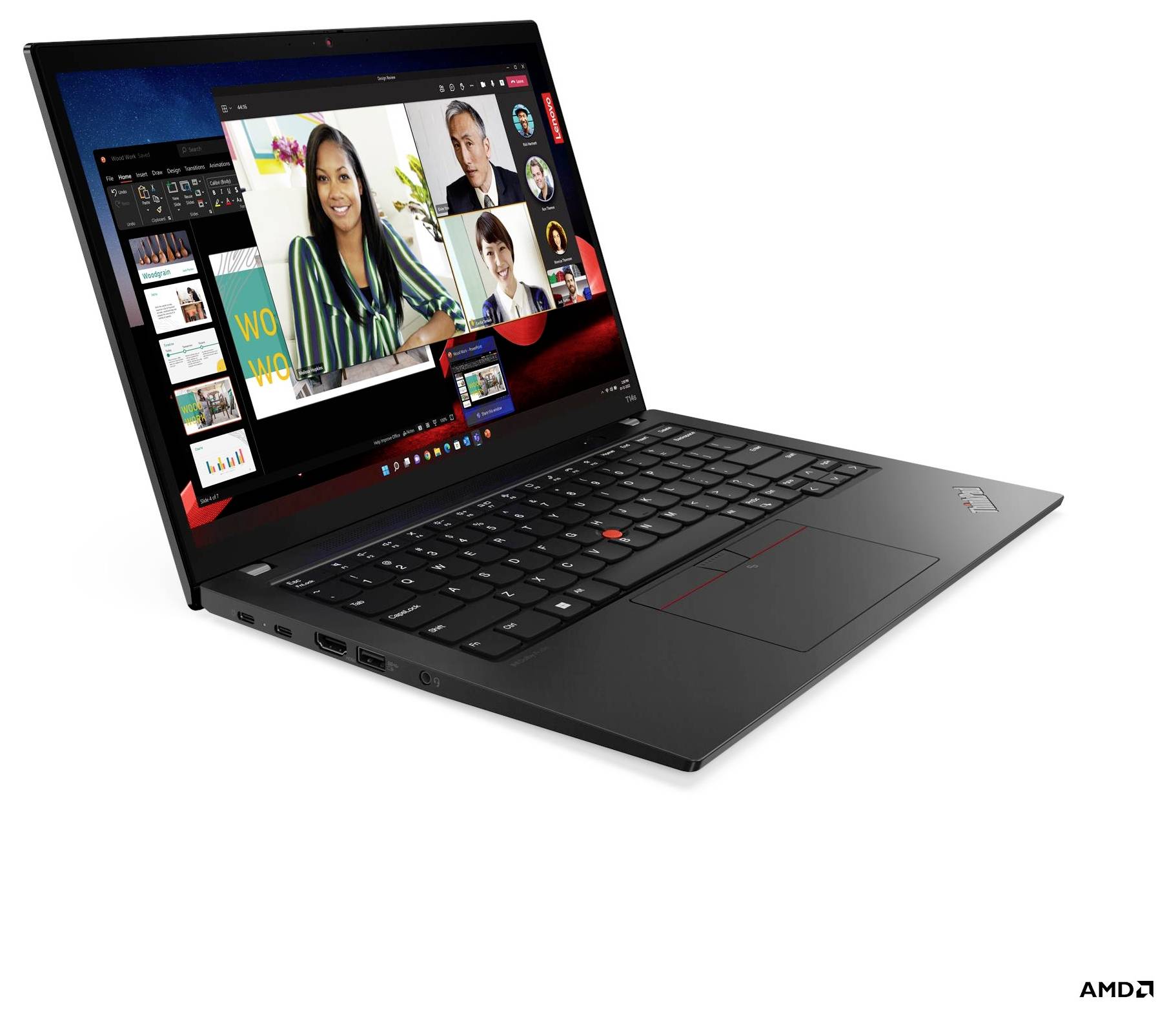 Schwarzer Lenovo ThinkPad-Laptop, offen dargestellt, zeigt eine Videokonferenz und Präsentationsfolien auf dem Bildschirm.
