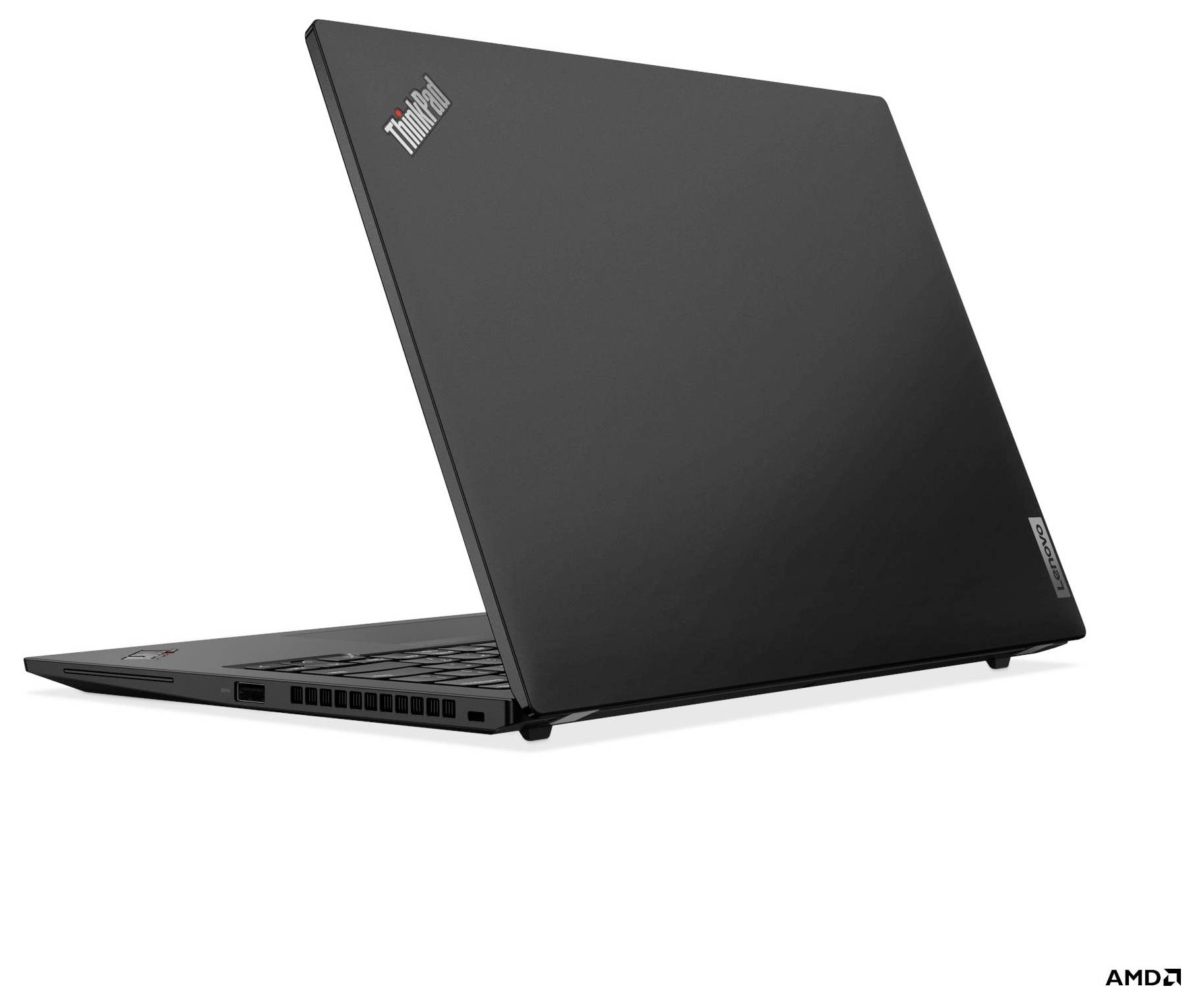 Schwarzer Lenovo ThinkPad Laptop in geschlossener Seitenansicht auf weißem Hintergrund, mit sichtbaren ThinkPad- und AMD-Logos.