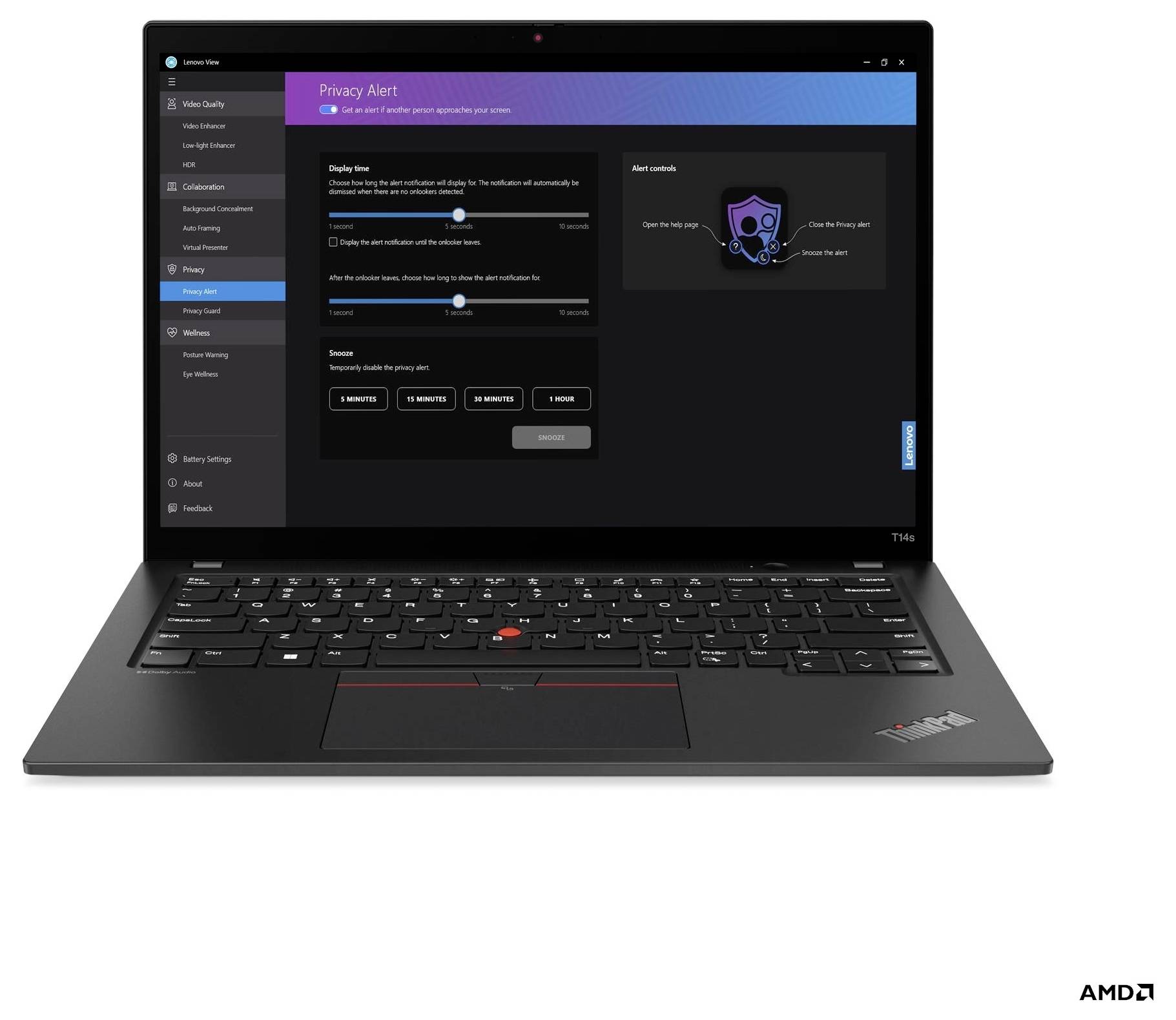 Laptop zeigt einen dunklen "Datenschutzwarnung"-Einstellungsbildschirm mit Schiebereglern und Aktionsschaltflächen, der eine Sicherheits-/Datenschutzkontrollschnittstelle anzeigt.