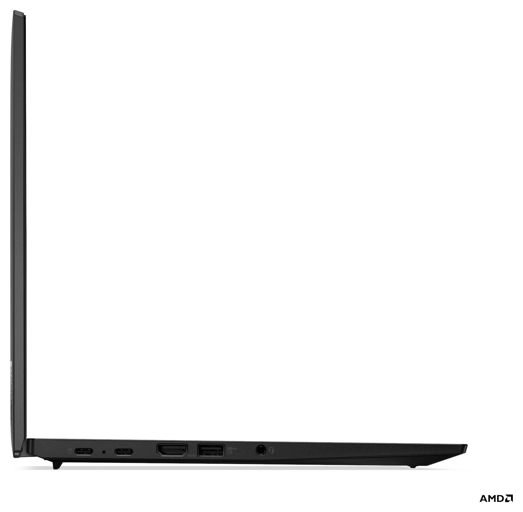 Seitenansicht eines schlanken schwarzen Laptops, geöffnet mit vertikalem Bildschirm und geschlossener Basis, die sein dünnes Profil und die seitlichen Anschlüsse hervorhebt.