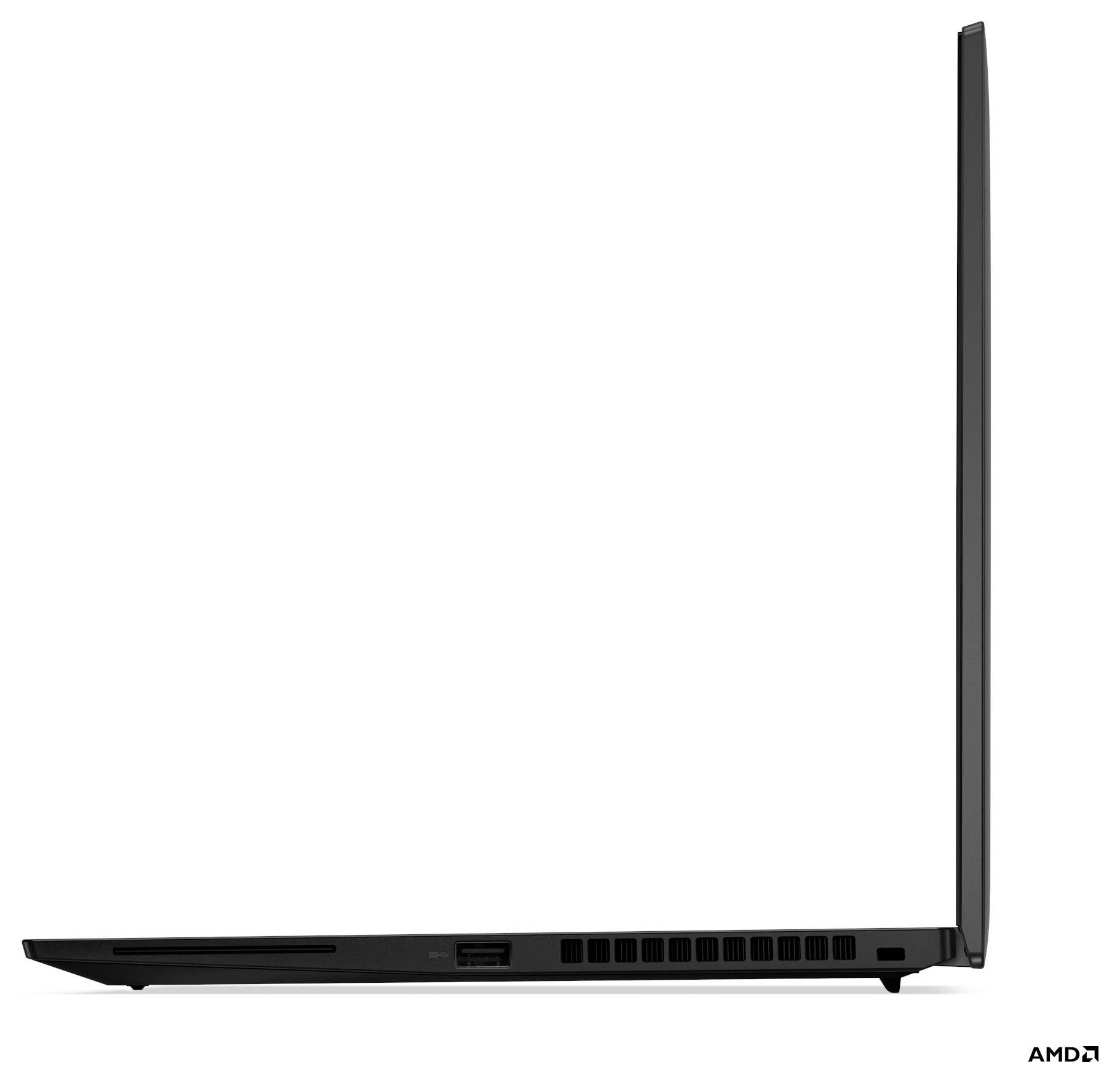 Seitenansicht eines dünnen schwarzen Laptops, der einen offenen Bildschirm und ein schlankes Profil auf weißem Hintergrund zeigt.