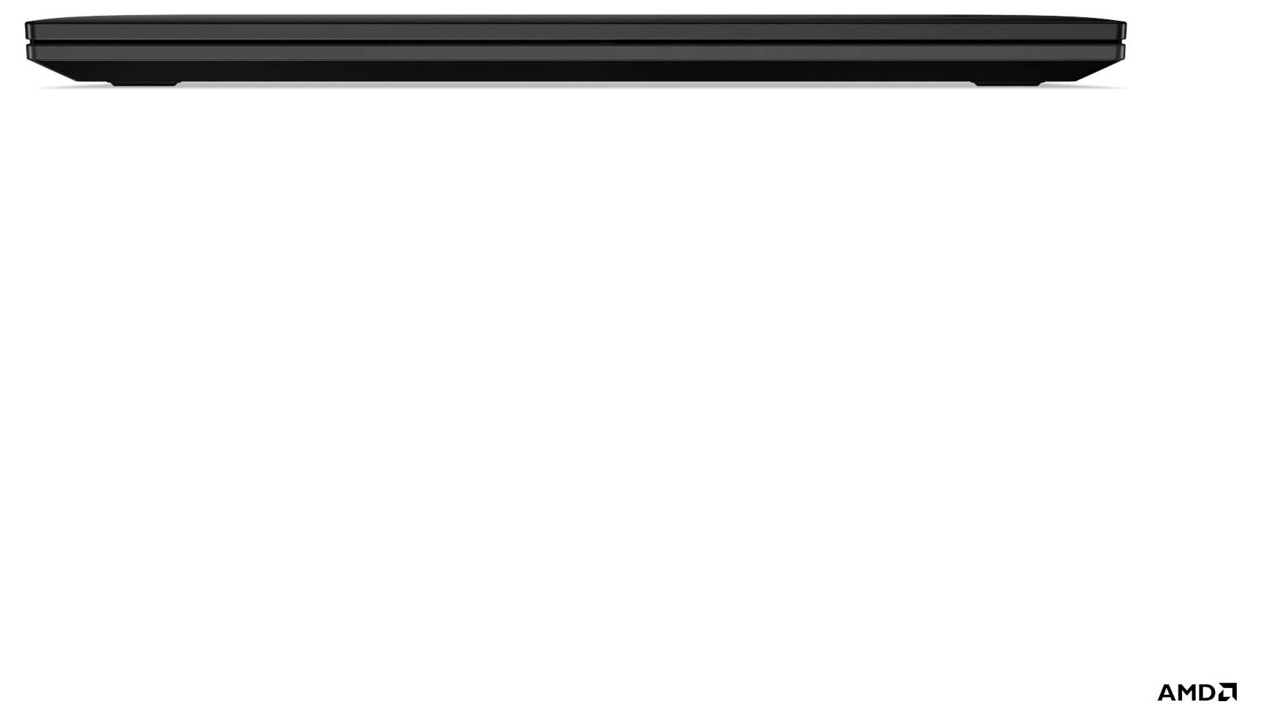 Ein schlankes, im Seitenprofil gezeigtes Laptop auf weißem Hintergrund, mit kleinem AMD-Logo unten rechts.