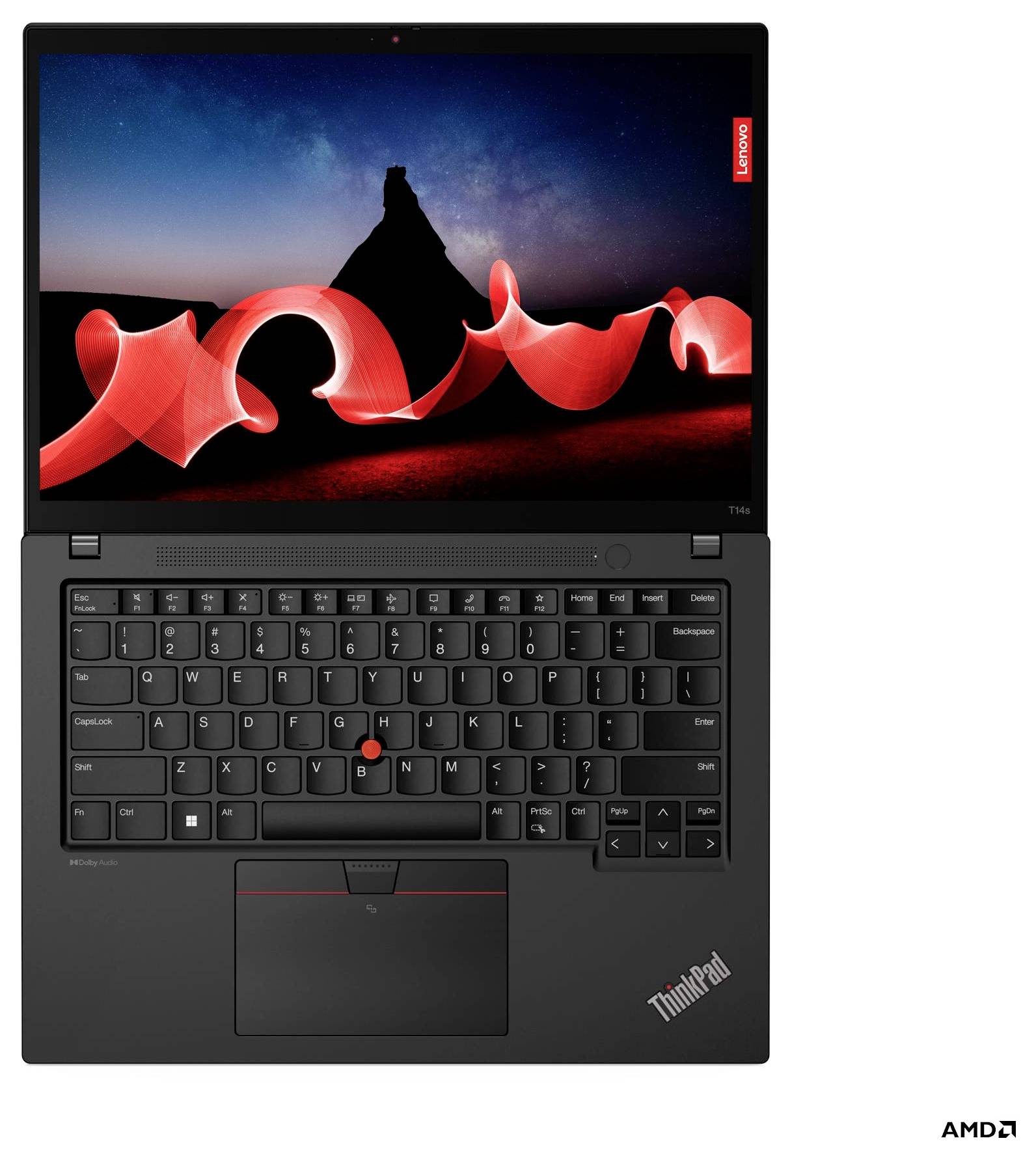 Lenovo ThinkPad Laptop mit rot akzentuierter Tastatur und TrackPoint, aufgeklappt mit lebhaftem rot abstraktem Hintergrundbild auf dem Bildschirm.