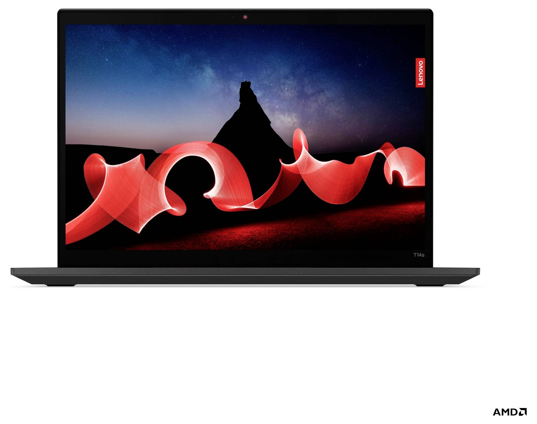 Ein aufgeklappter Lenovo-Laptop, auf dessen Bildschirm eine rote Lichtspur über eine dunkle Berglandschaft zu sehen ist.