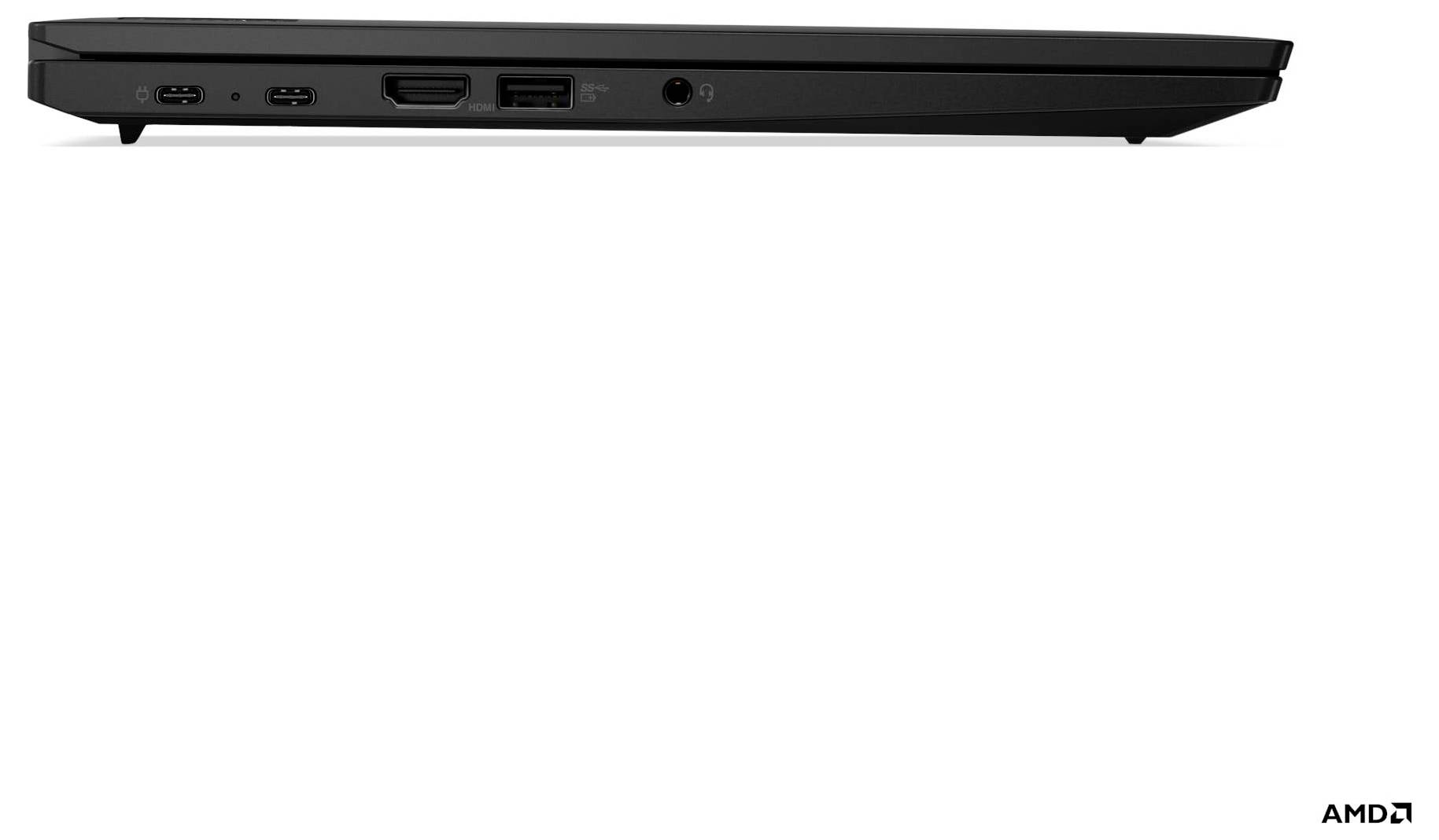 Seitenansicht einer schlanken schwarzen Laptop-Basis mit Anschlüssen an der linken Kante und AMD-Logo in der unteren rechten Ecke.