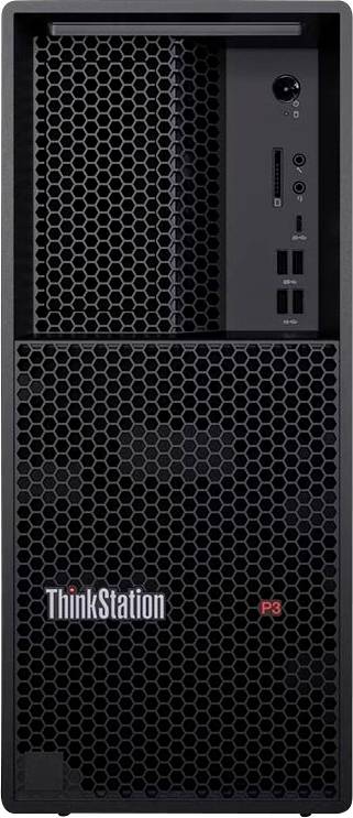 Vorderansicht eines Lenovo ThinkStation P3 Desktop-Towers mit einem Wabenrost und vorderen Anschlüssen/Tasten auf der rechten Seite.