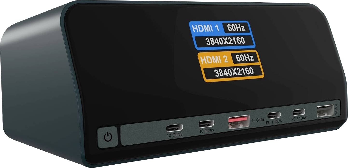 Kompakter HDMI-Umschalter mit Stromschalter und vorderen Anschlüssen, gekennzeichnet mit HDMI 1 und HDMI 2, beide unterstützen 60Hz bei 3840x2160.