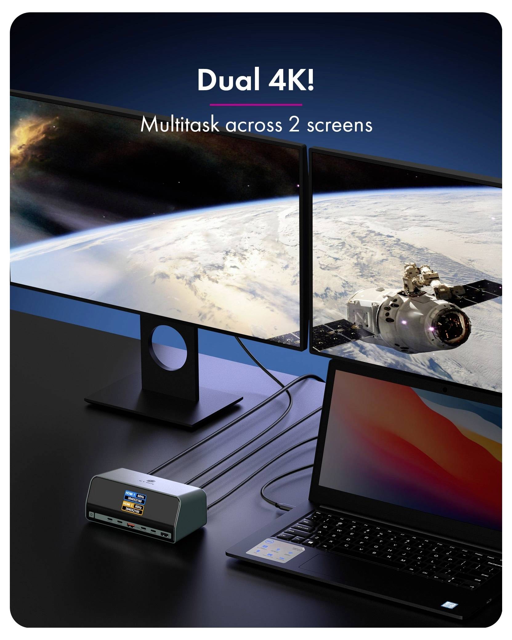 Duales 4K-Monitor-Setup zeigt Multitasking über zwei Bildschirme, mit einem Laptop und einem kleinen Docking-Gerät auf einem Schreibtisch in einer weltraum-thematischen Anzeige.