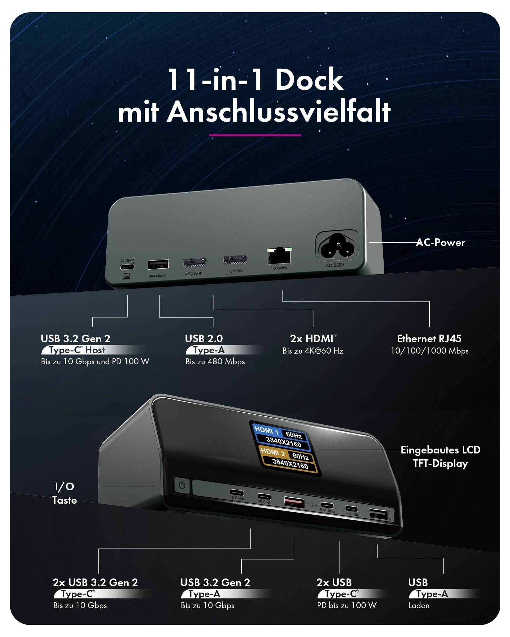 ICY BOX USB-C® Dockingstation Dockingstation IcyBox Heart Dock 2300 11 integriertes Display, USB-C® Power Delivery