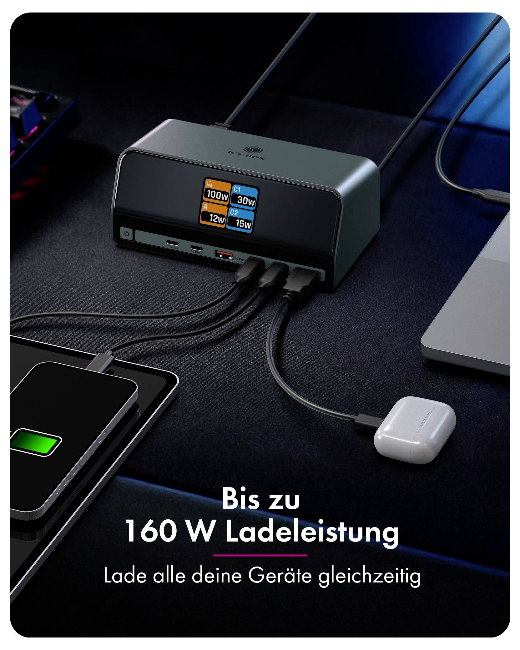 Werbegrafik eines USB-C-Hubs mit „Multi-Port-Konnektivität mit bis zu 10 Gbps