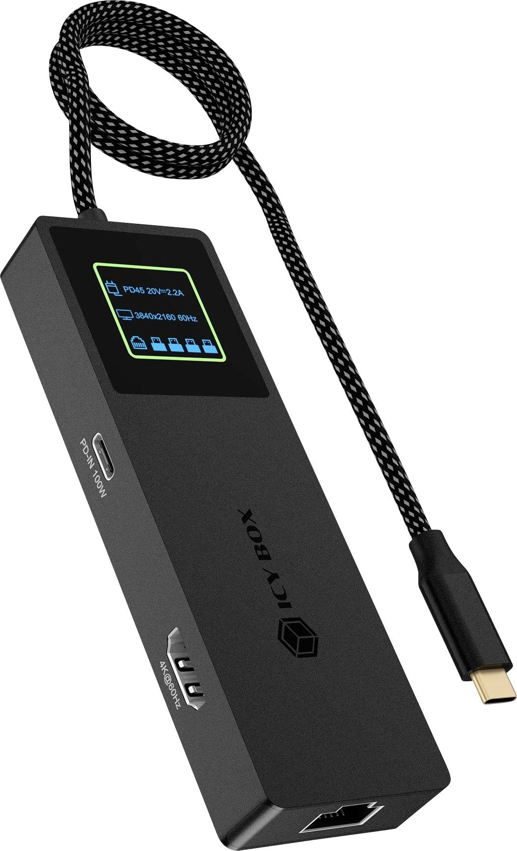 Schwarzer USB-C-Hub-Adapter mit geflochtenim Kabel, Anzeigadisplay, HDMI-ähnlichem Anschluss, USB-Anschlüssen und Ethernet-Buchse auf weißem Hintergrund dargestellt.