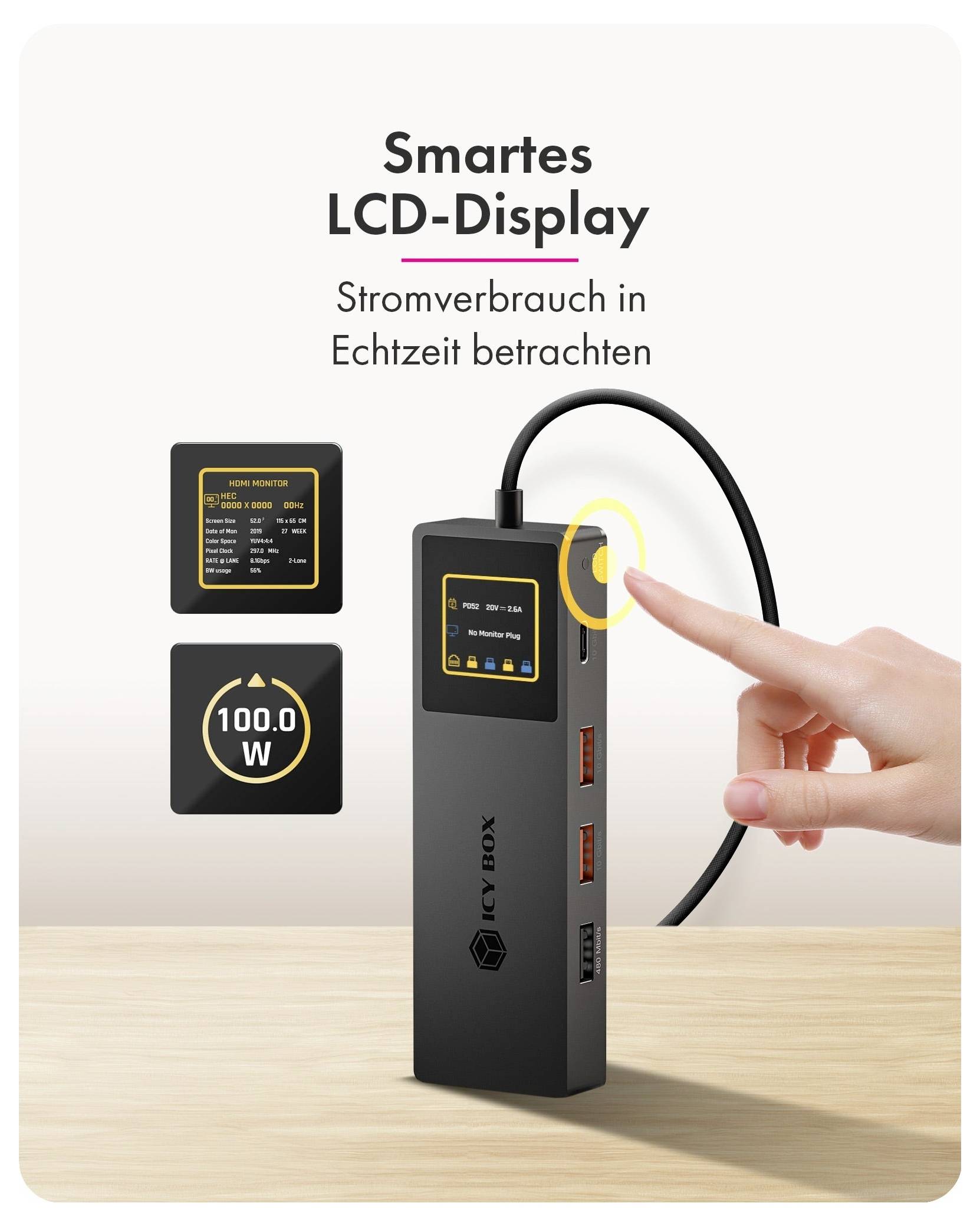 Tragbares Powerbank mit LCD-Display, das den Echtzeitenergieverbrauch anzeigt, hervorgehoben durch einen Finger, der seine Taste drückt, zusammen mit vergrößerten Display-Symbolen und dem Indikator „100,0 W