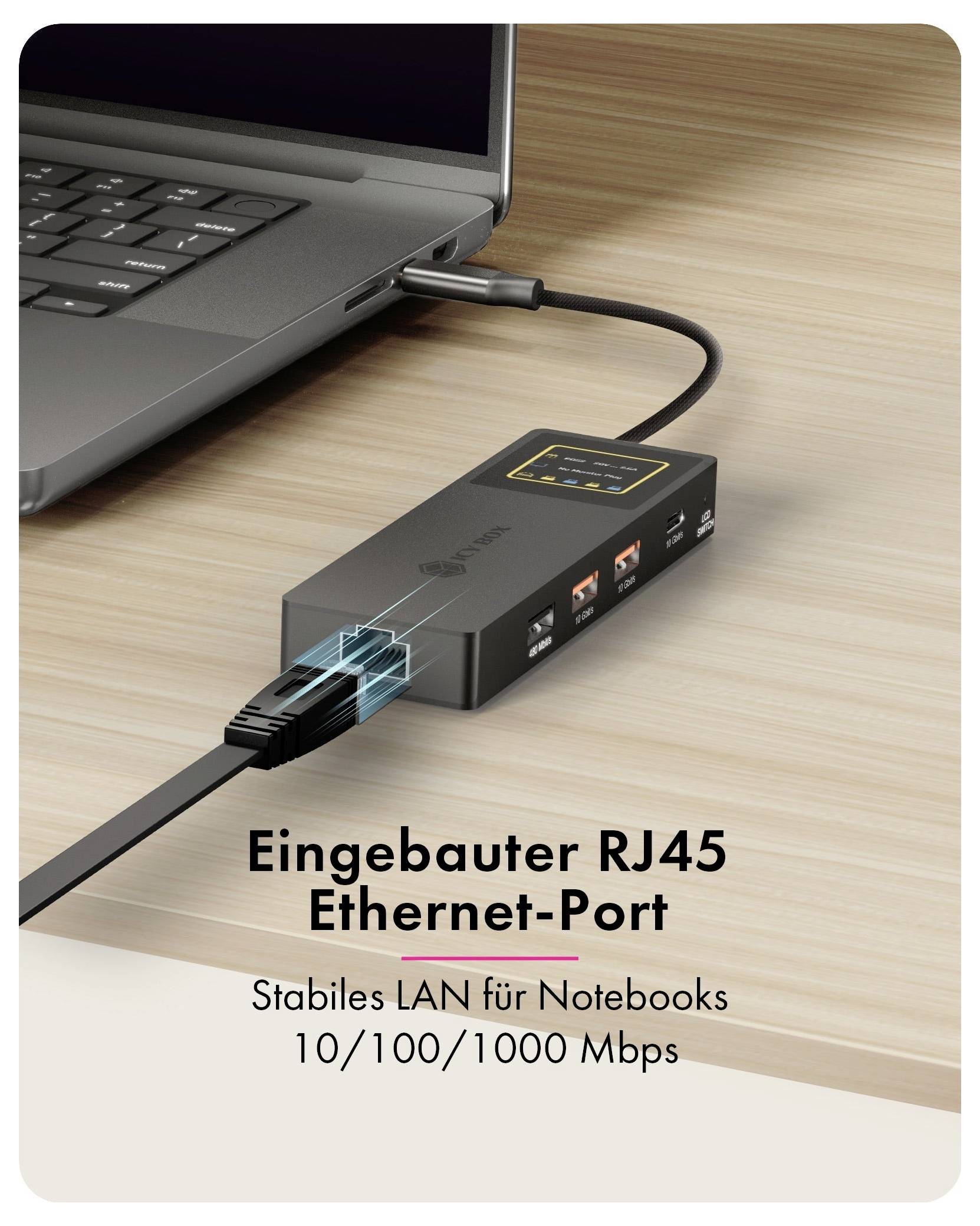Laptop verbunden mit einem USB-Hub mit eingebautem RJ45-Ethernet-Port; die Beschriftung lautet „Eingebauter RJ45 Ethernet-Port