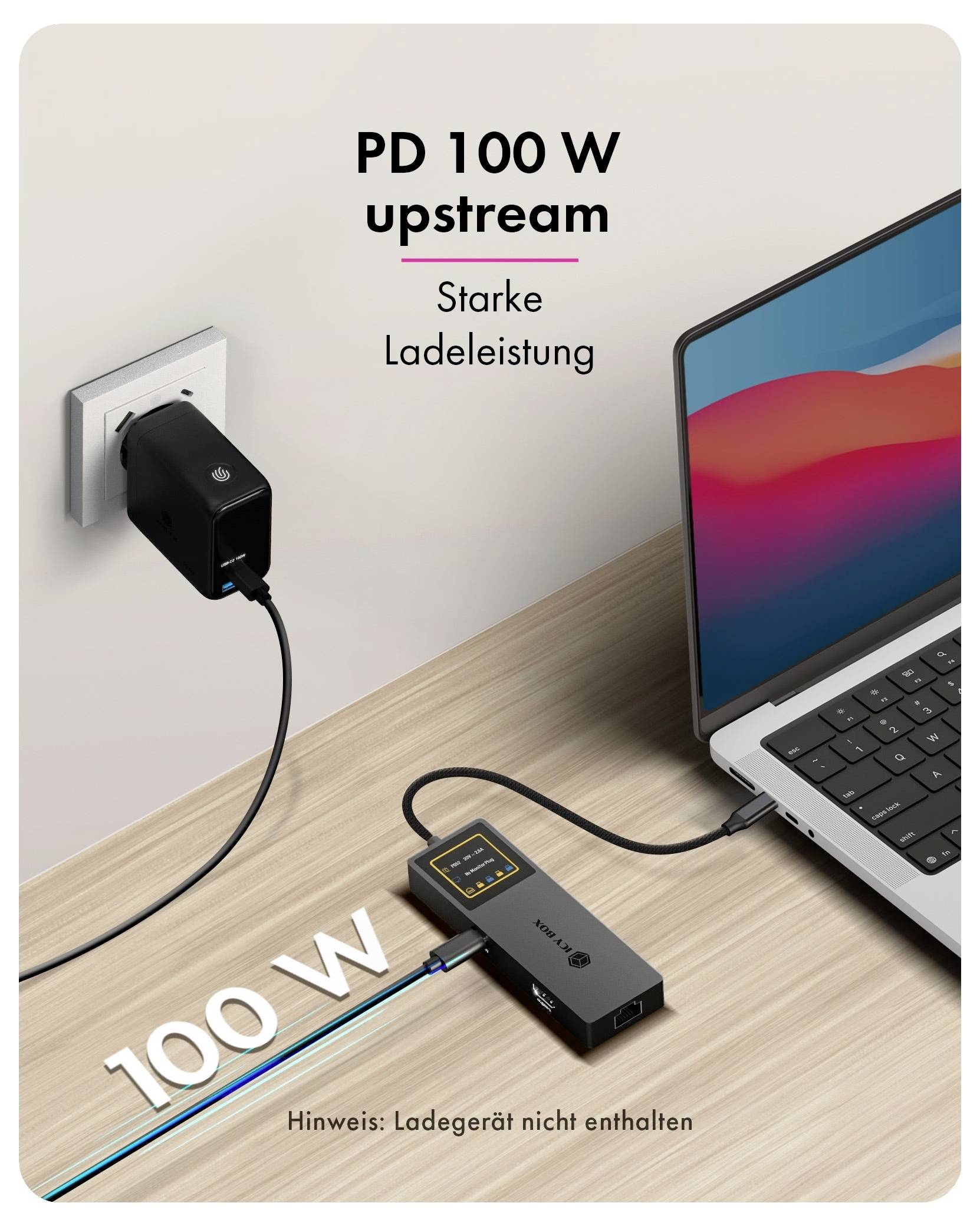 Produktanzeige, die ein Wandladegerät zeigt, das einen Laptop über einen USB-C-Hub mit Strom versorgt, mit dem Text „PD 100 W Upstream