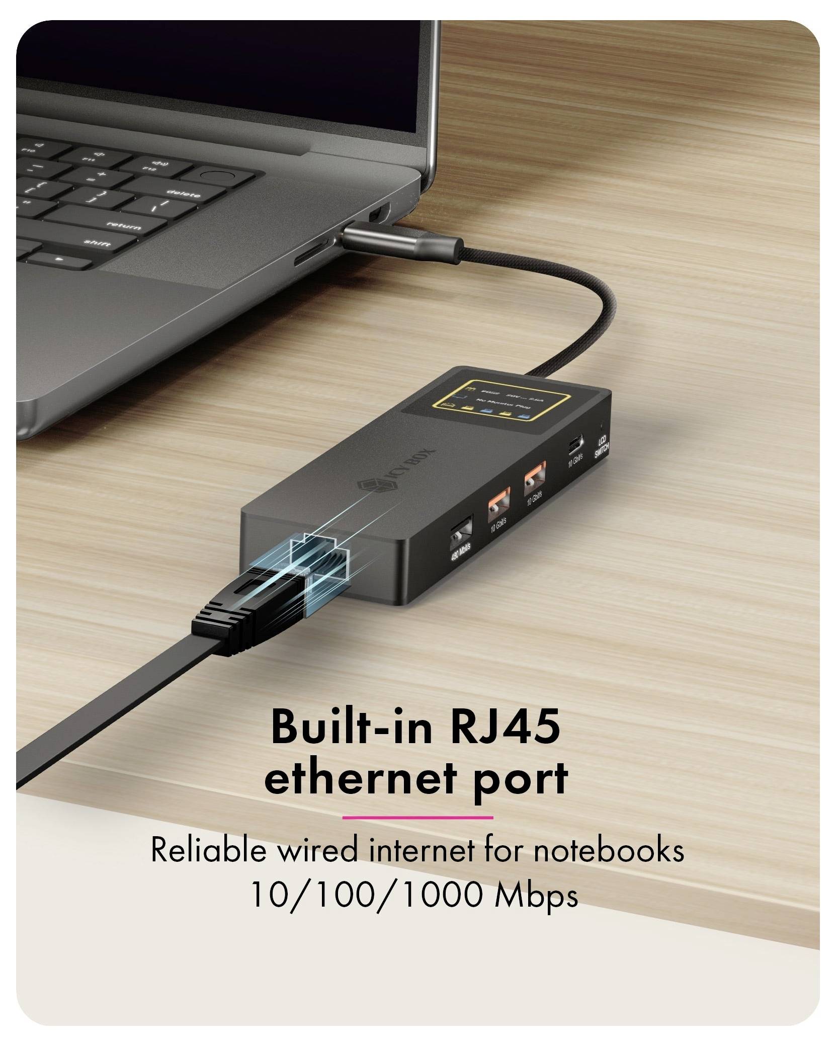 Laptop ist über Kabel mit einem USB-Hub mit integriertem RJ45-Ethernetanschluss verbunden; Text besagt „Zuverlässiges Kabelinternet für Notebooks 10/100/1000 Mbps