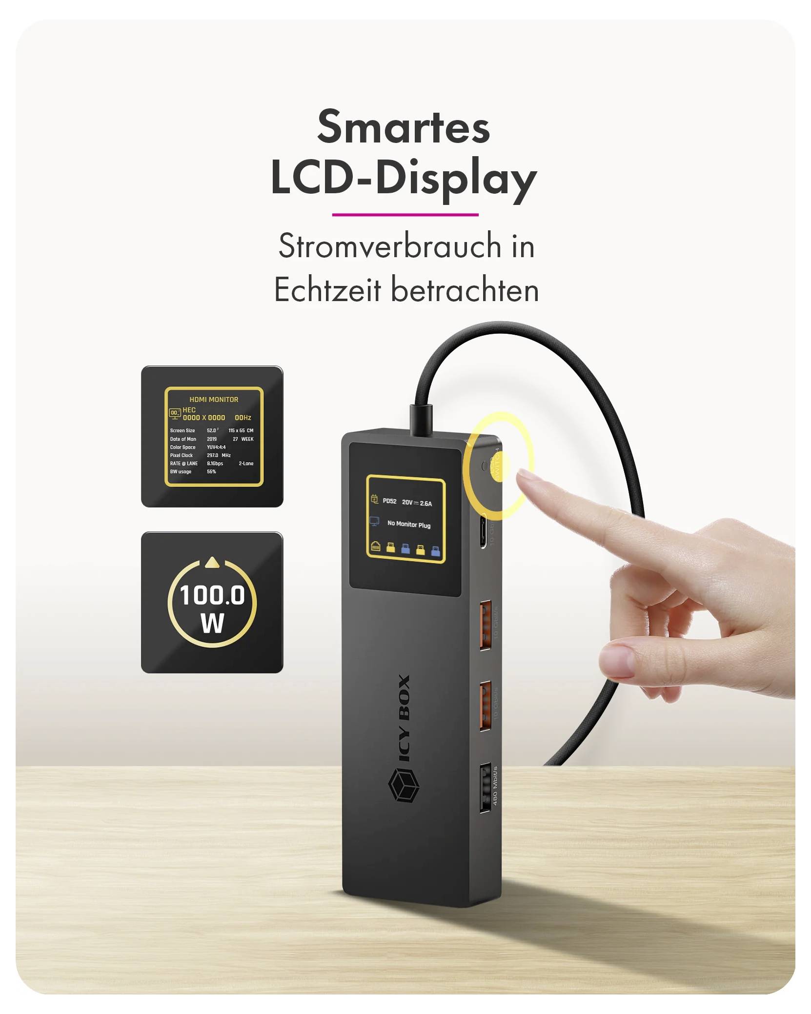 Produktgrafik eines 7-in-1-USB-C-Hubs mit den Beschriftungen Power Delivery bis zu 100 W, HDMI 4K@60Hz, RJ45-Ethernet, USB-C-Display, zwei USB-A-3.2-Anschlüsse und USB-2.0-Anschluss.